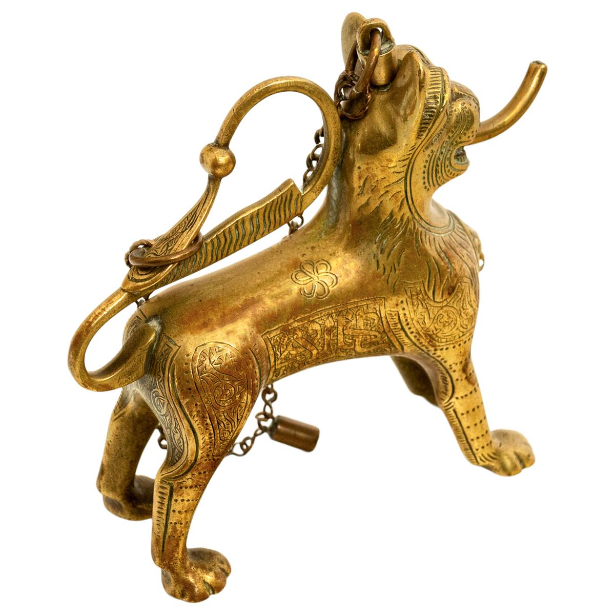 Antique Gilt Bronze Islamic Calligraphy Lion Table Lighter Lamp Aquamanile 1860 For Sale 7