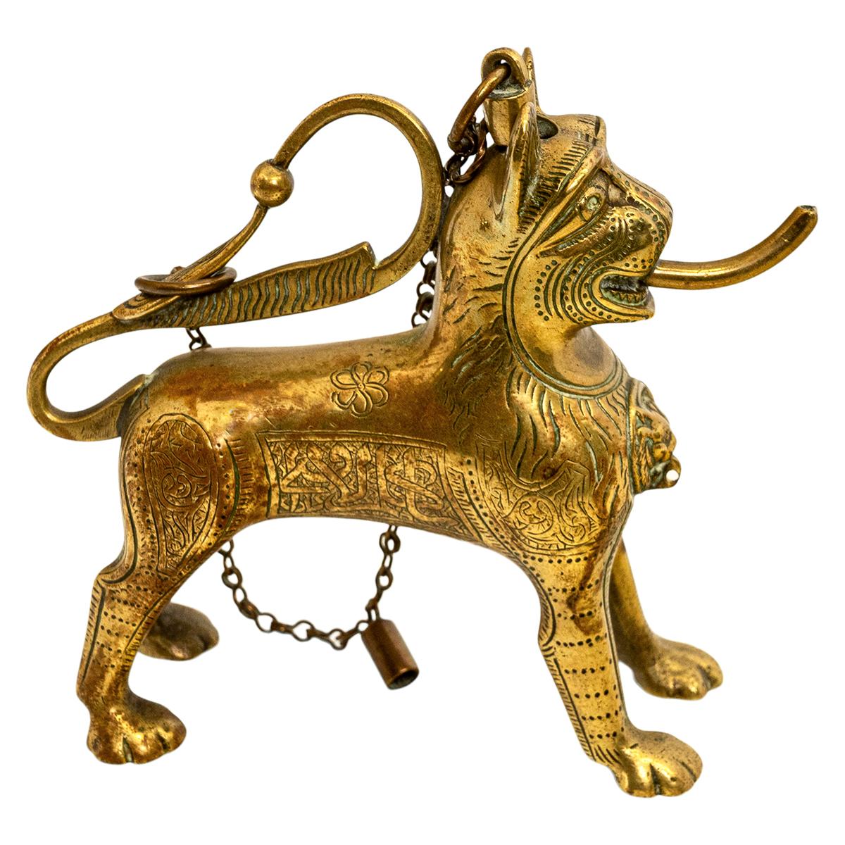 Antique Gilt Bronze Islamic Calligraphy Lion Table Lighter Lamp Aquamanile 1860 For Sale 8