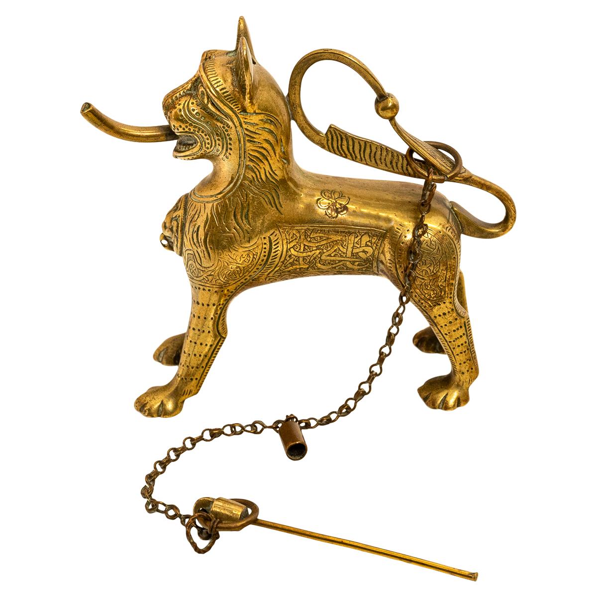 Antique Gilt Bronze Islamic Calligraphy Lion Table Lighter Lamp Aquamanile 1860 For Sale 9