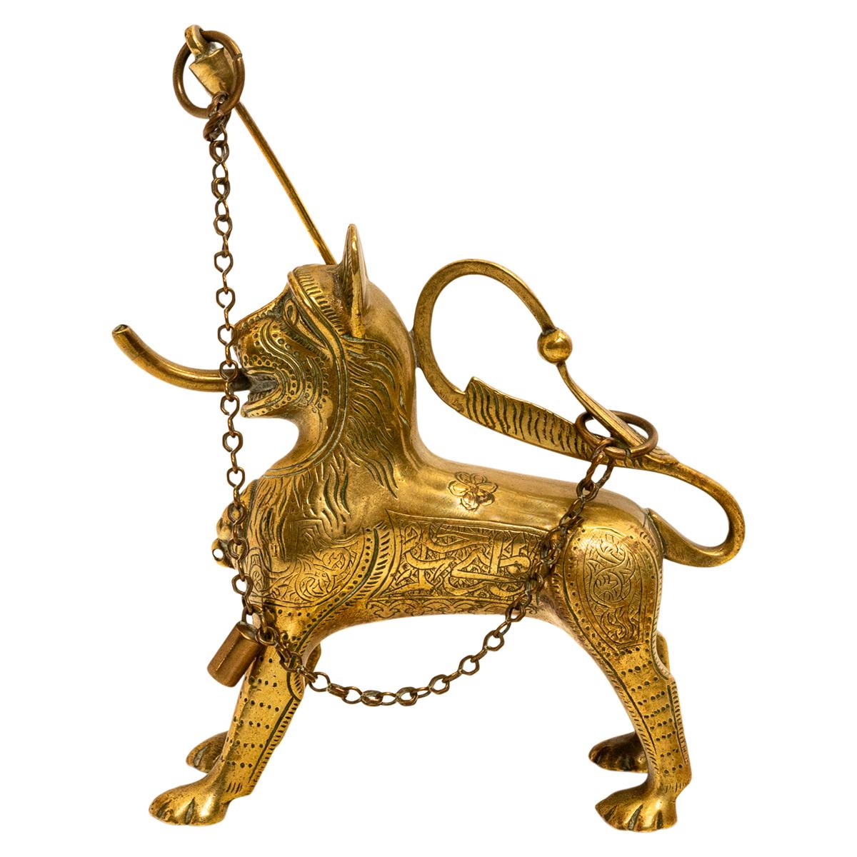 Antique Gilt Bronze Islamic Calligraphy Lion Table Lighter Lamp Aquamanile 1860 For Sale 10