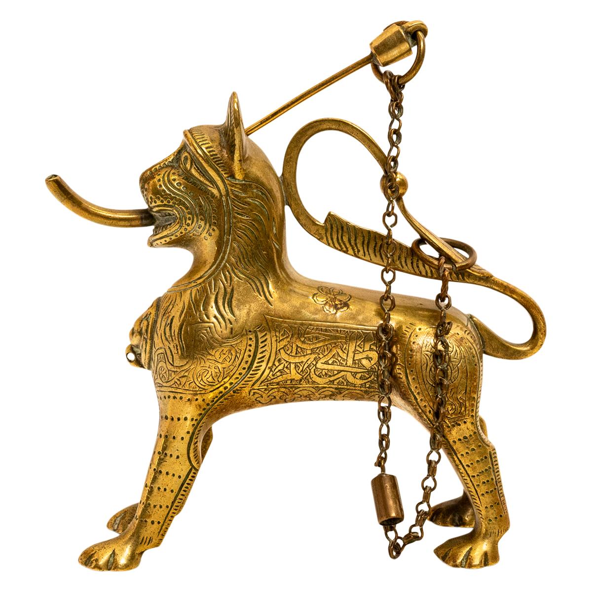 Antique Gilt Bronze Islamic Calligraphy Lion Table Lighter Lamp Aquamanile 1860 For Sale 11