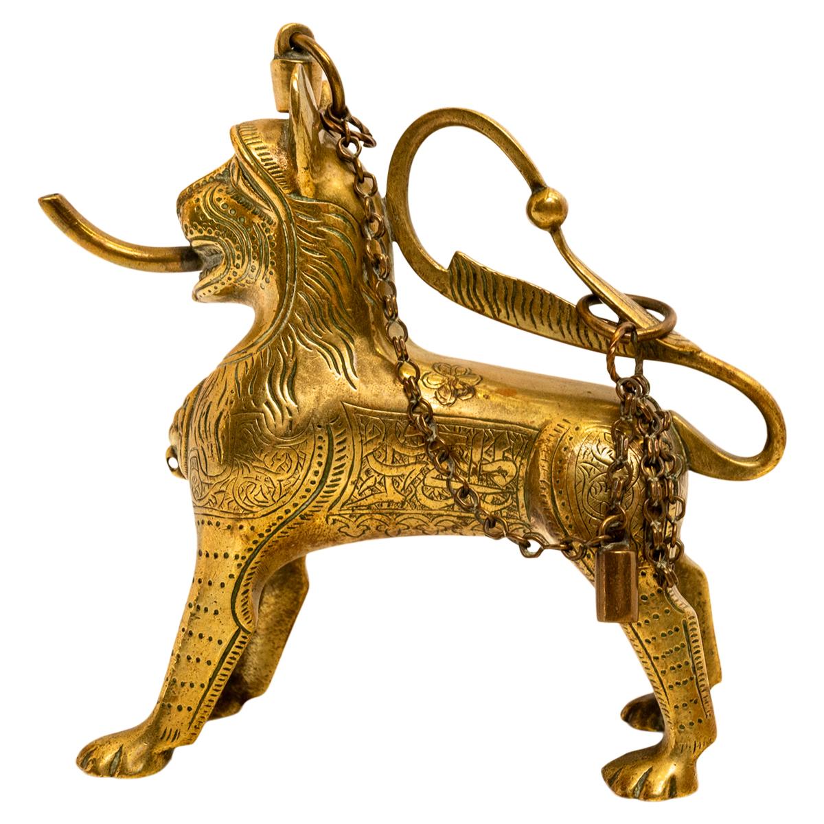 Antique Gilt Bronze Islamic Calligraphy Lion Table Lighter Lamp Aquamanile 1860 For Sale 12