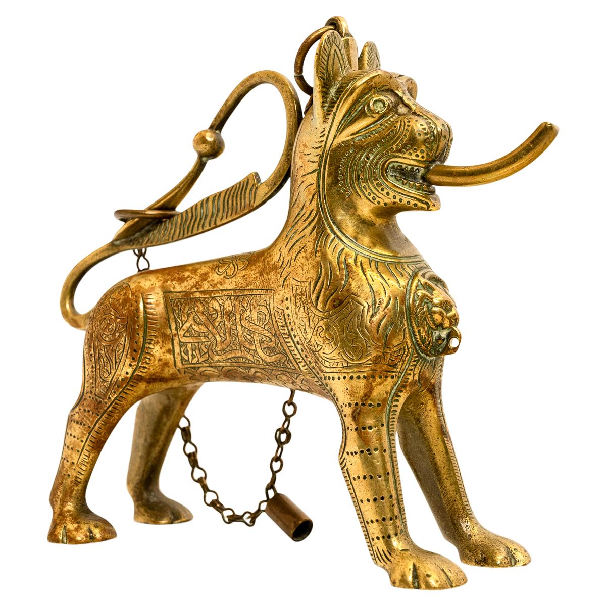 Syrian Antique Gilt Bronze Islamic Calligraphy Lion Table Lighter Lamp Aquamanile 1860 For Sale