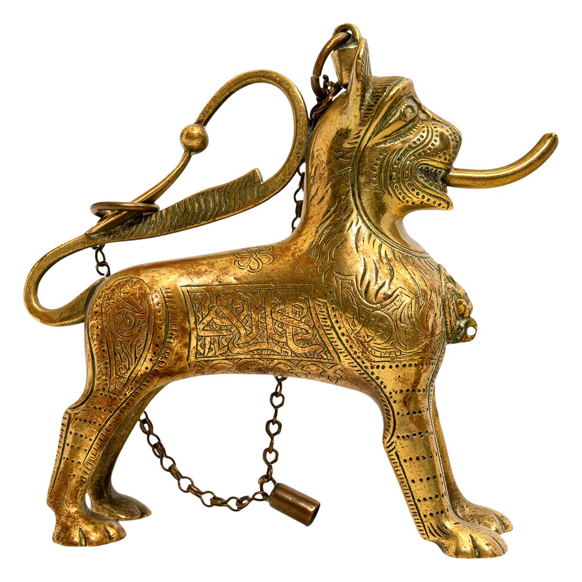 Antique Gilt Bronze Islamic Calligraphy Lion Table Lighter Lamp Aquamanile 1860 In Good Condition For Sale In Portland, OR