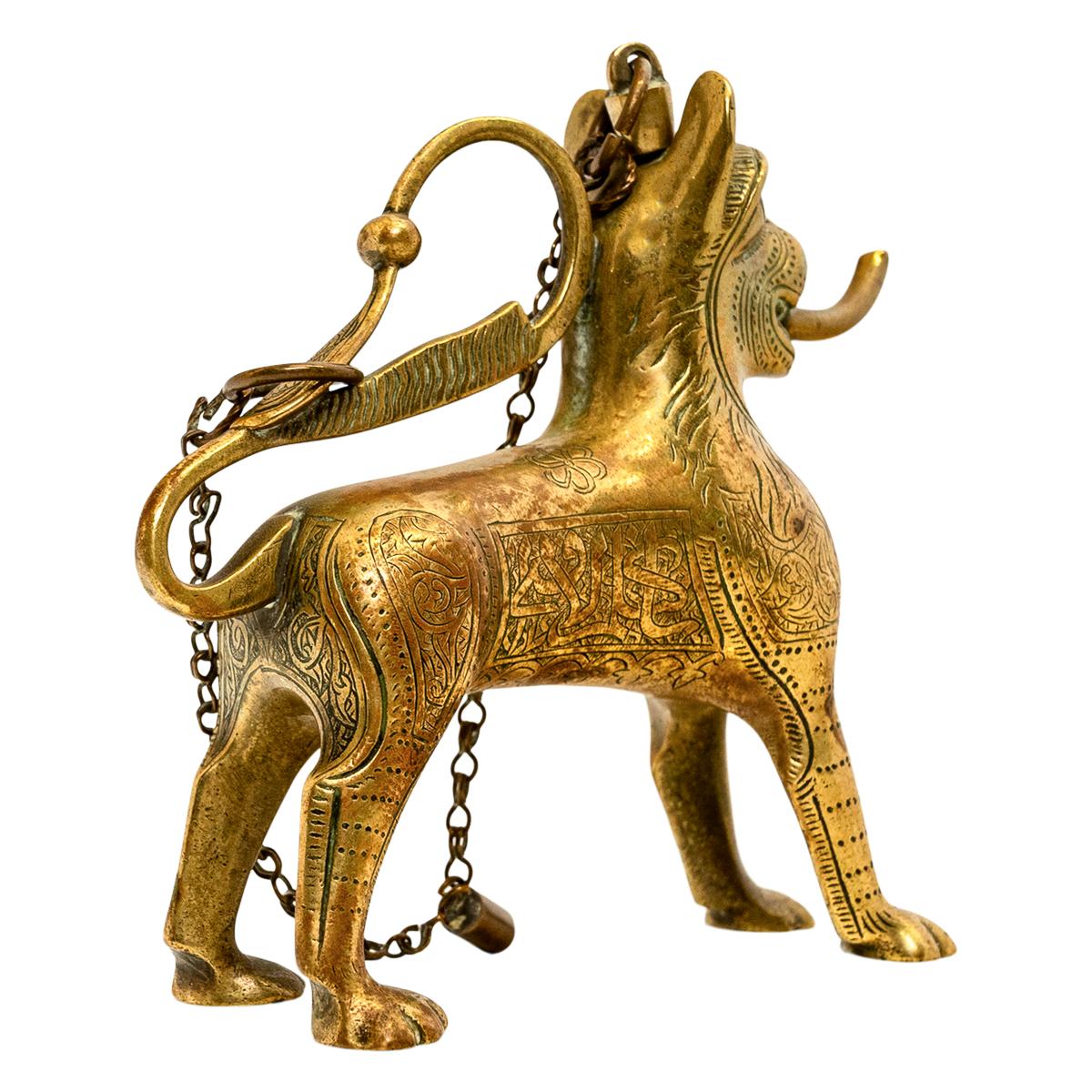 Mid-19th Century Antique Gilt Bronze Islamic Calligraphy Lion Table Lighter Lamp Aquamanile 1860 For Sale