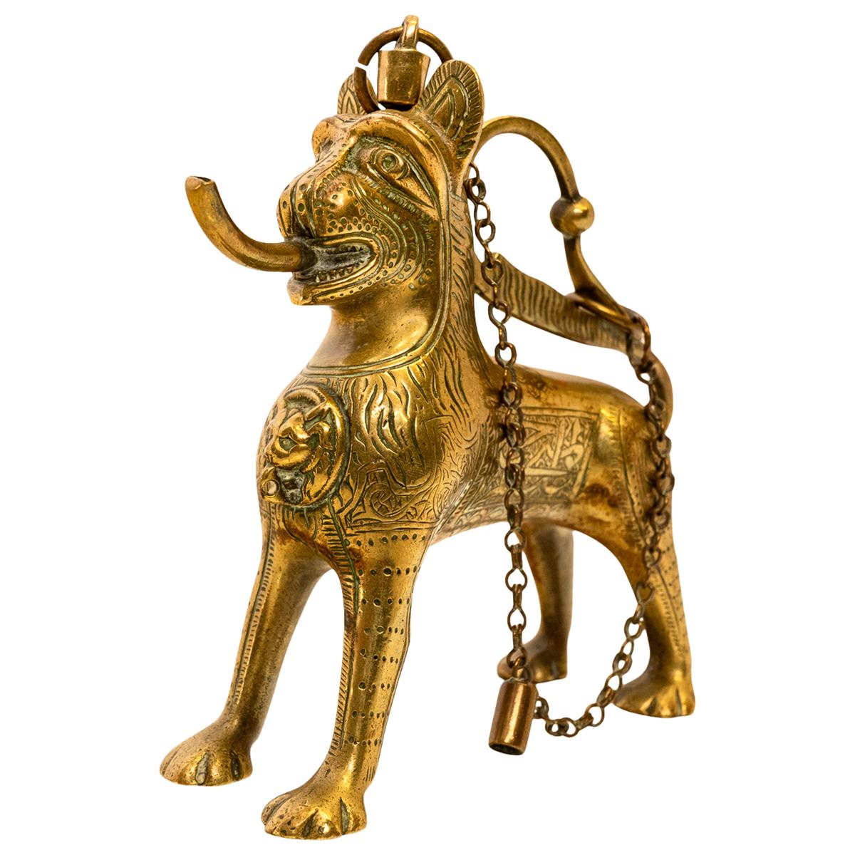 Antique Gilt Bronze Islamic Calligraphy Lion Table Lighter Lamp Aquamanile 1860 For Sale 3
