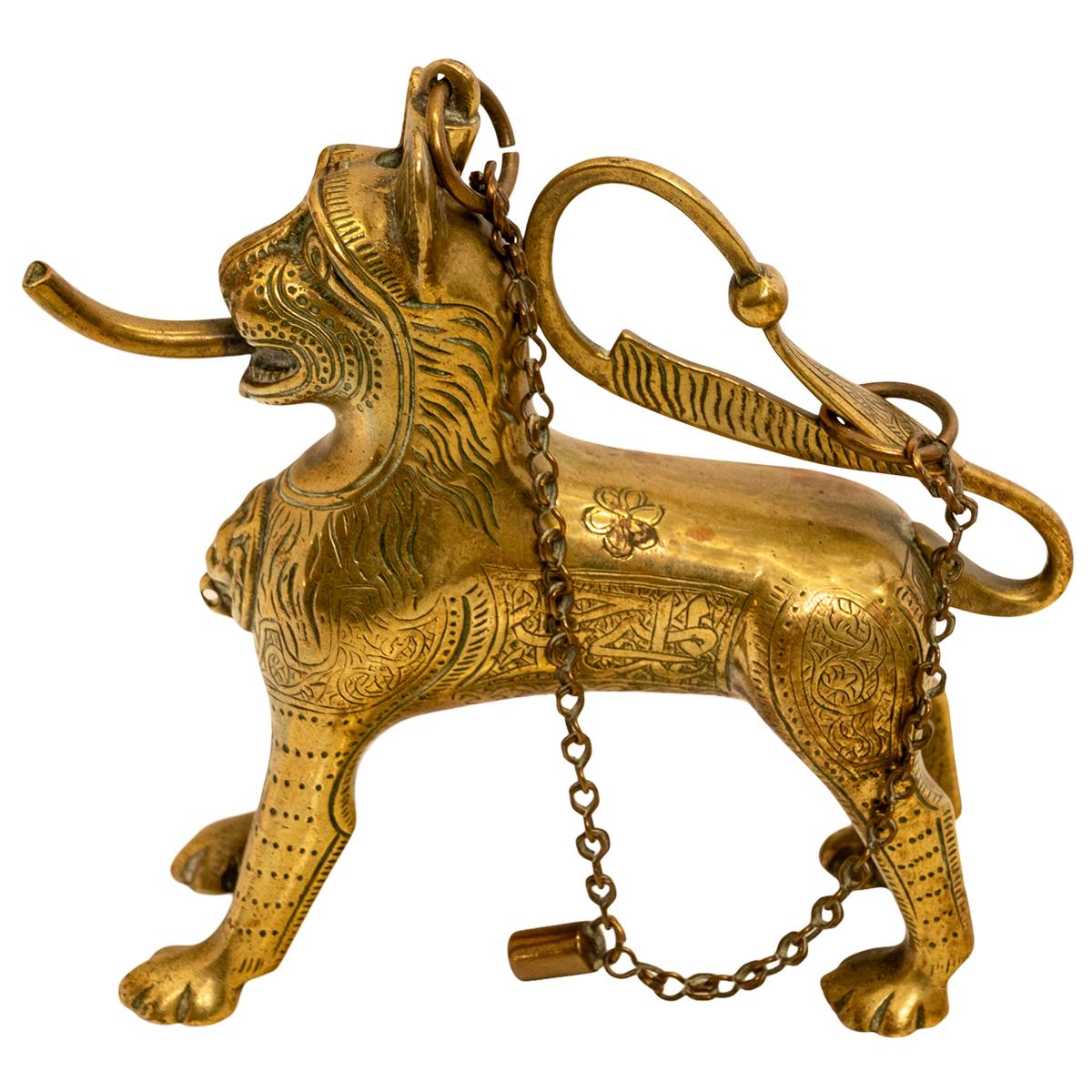 Antique Gilt Bronze Islamic Calligraphy Lion Table Lighter Lamp Aquamanile 1860 For Sale 4
