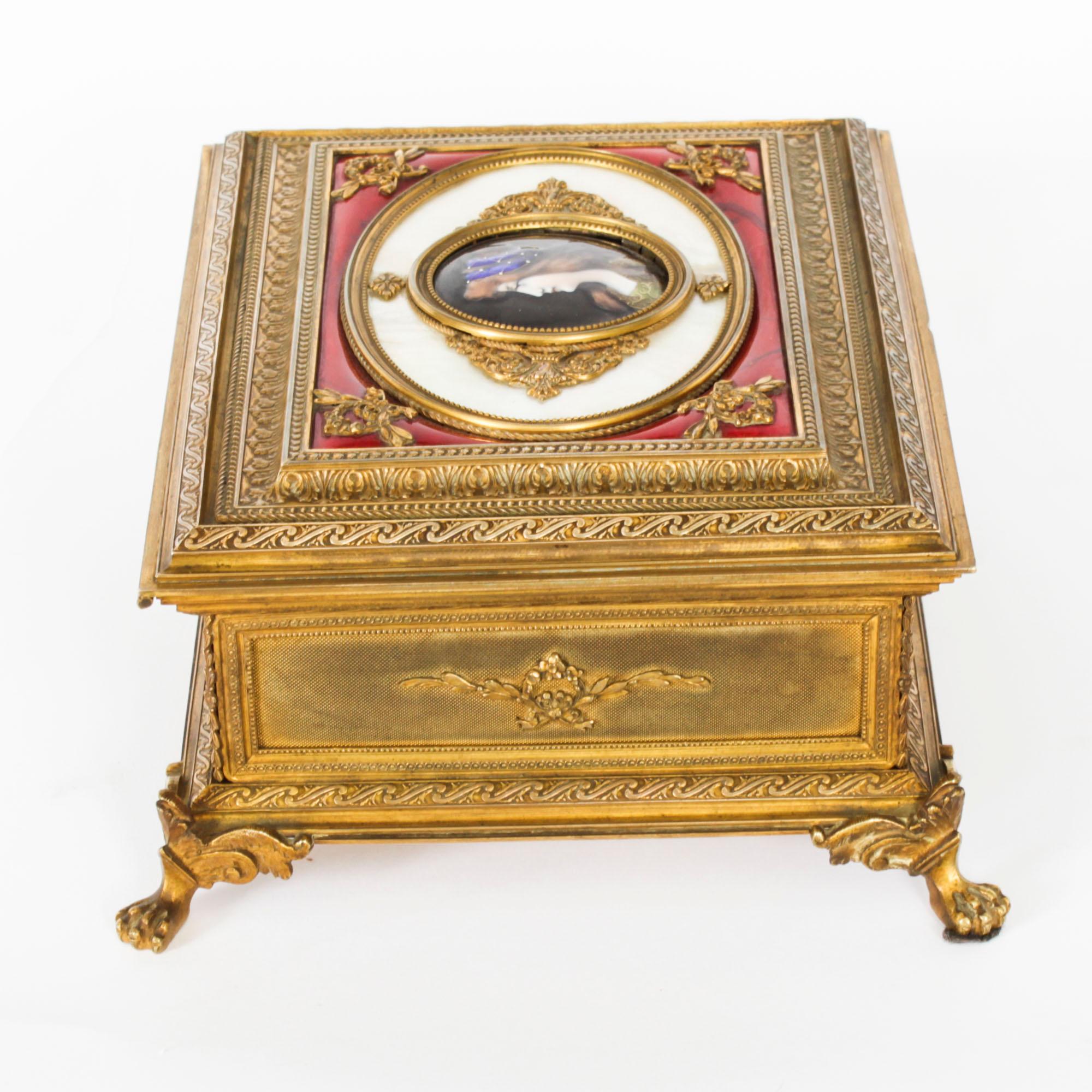 Antique Gilt Bronze Jewellery Casket & Limoges Miniature 19th Century For Sale 7