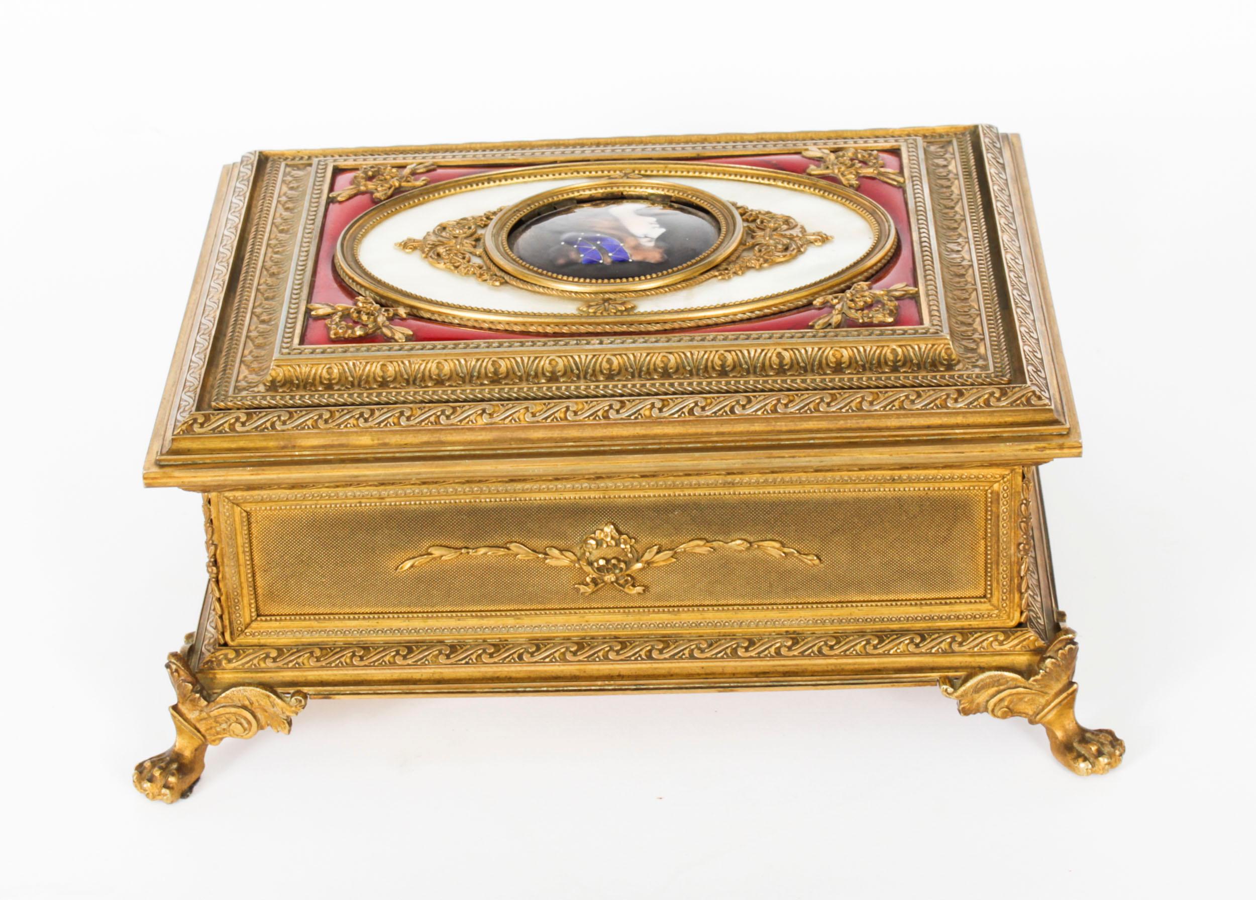 Antique Gilt Bronze Jewellery Casket & Limoges Miniature 19th Century For Sale 8