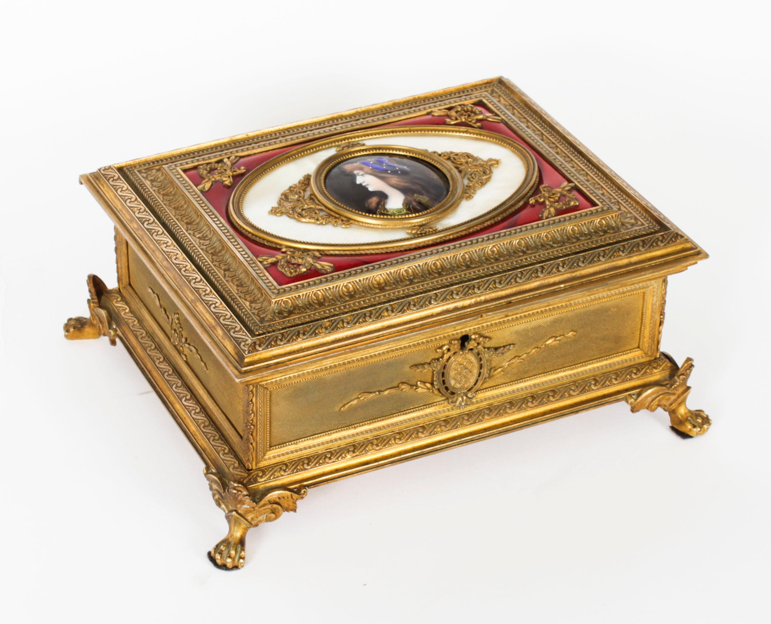 Antique Gilt Bronze Jewellery Casket & Limoges Miniature 19th Century For Sale 11