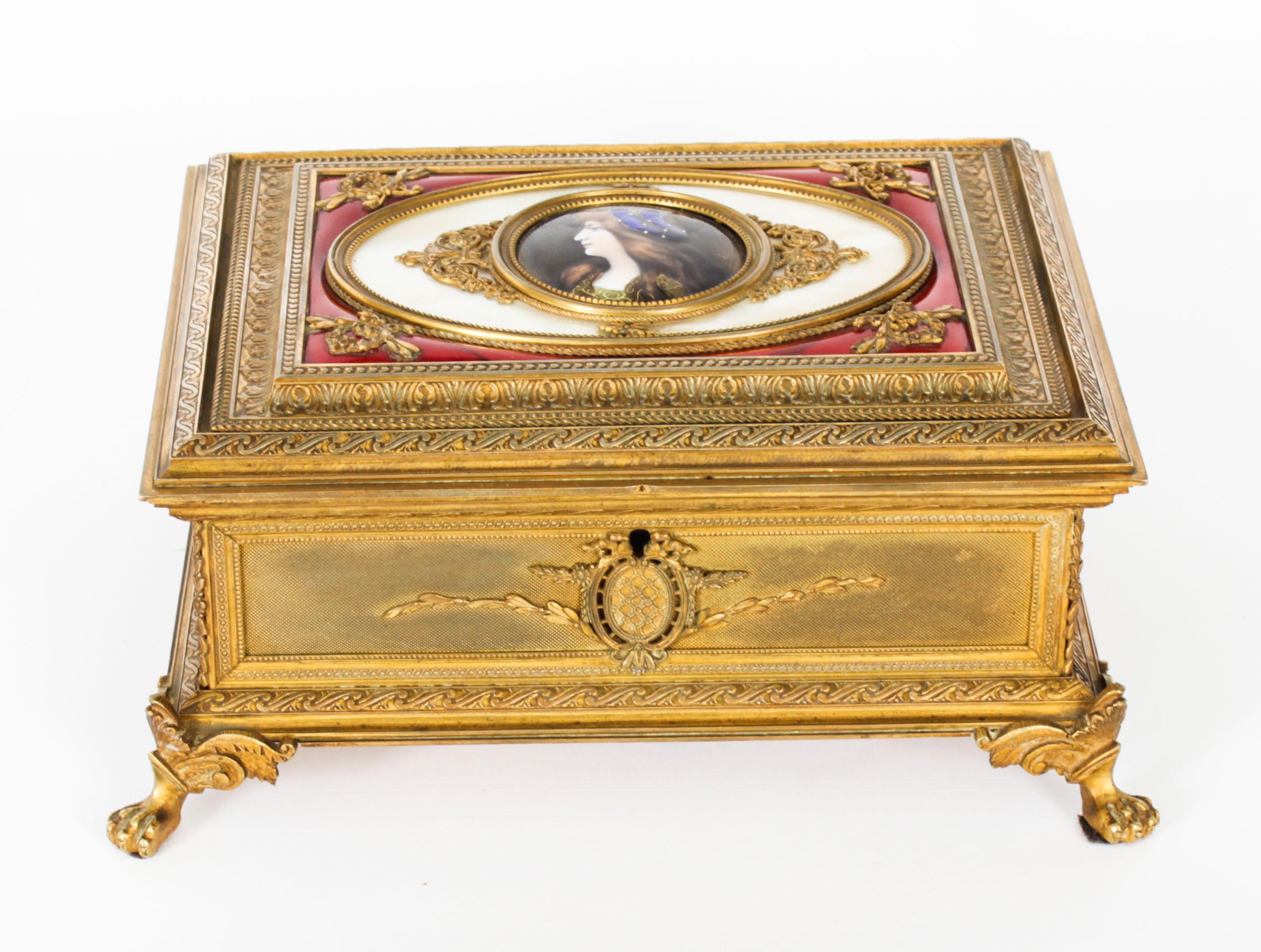 Napoleon III Antique Gilt Bronze Jewellery Casket & Limoges Miniature 19th Century For Sale