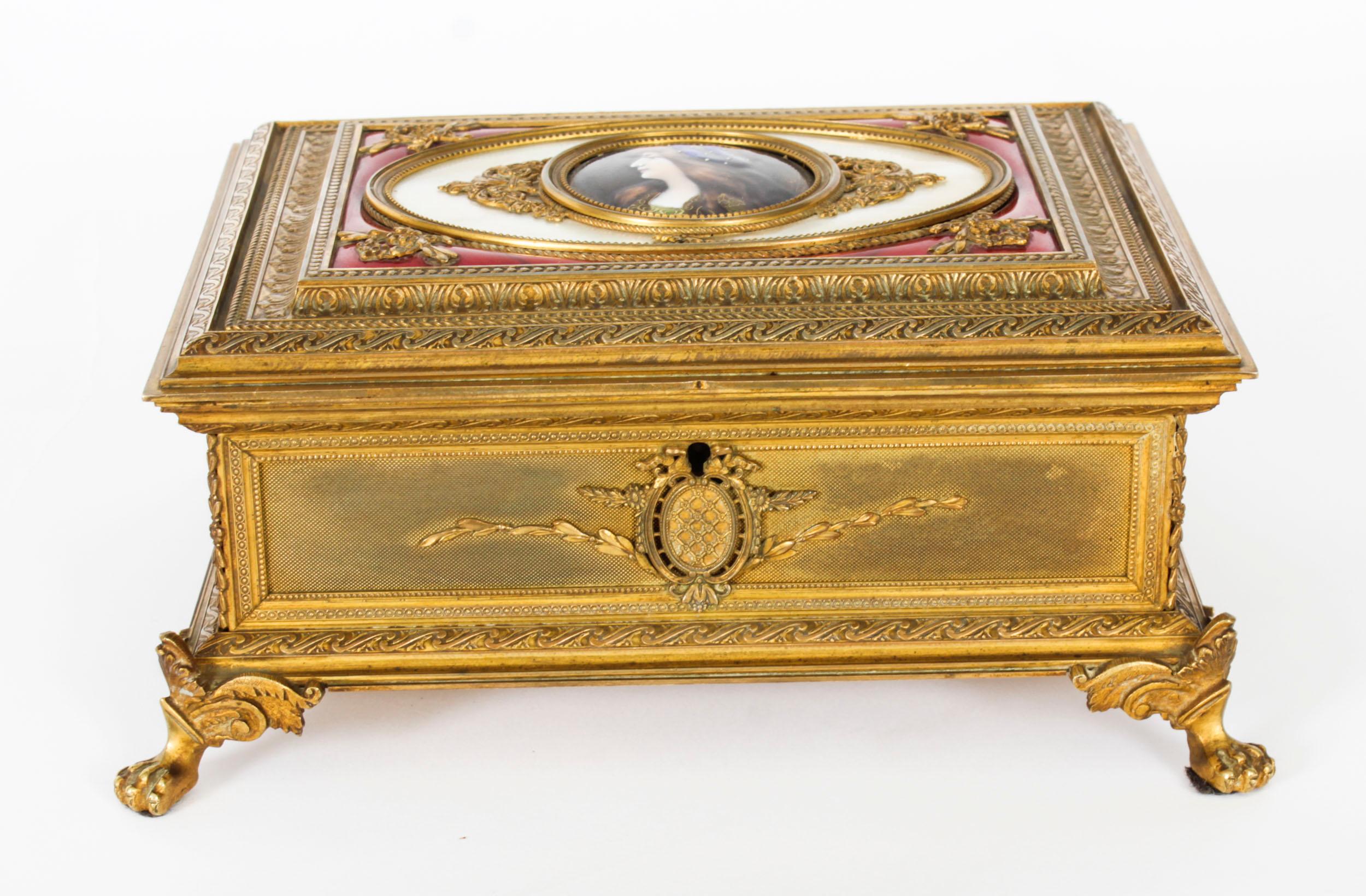 French Antique Gilt Bronze Jewellery Casket & Limoges Miniature 19th Century For Sale