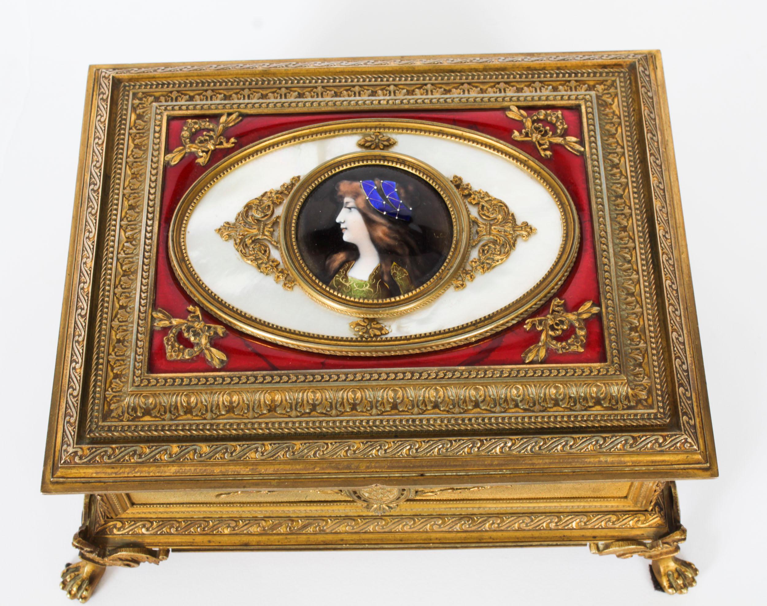 Antique Gilt Bronze Jewellery Casket & Limoges Miniature 19th Century For Sale 1