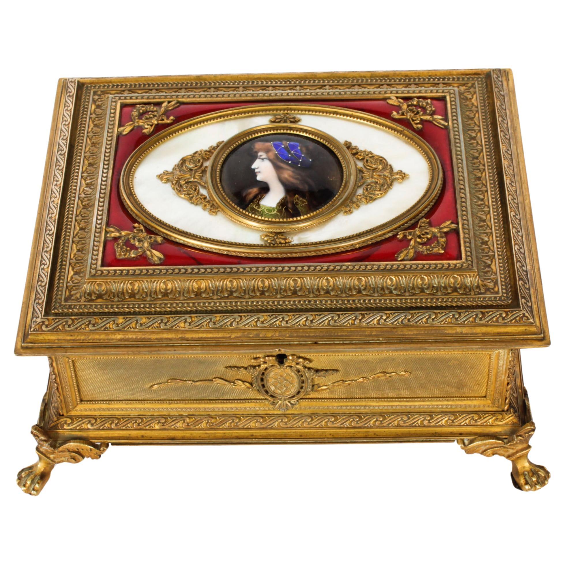 Antike Schmuckschatulle aus vergoldeter Bronze & Limoges Miniature 19. Jahrhundert