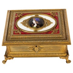 Antike Schmuckschatulle aus vergoldeter Bronze & Limoges Miniature 19. Jahrhundert
