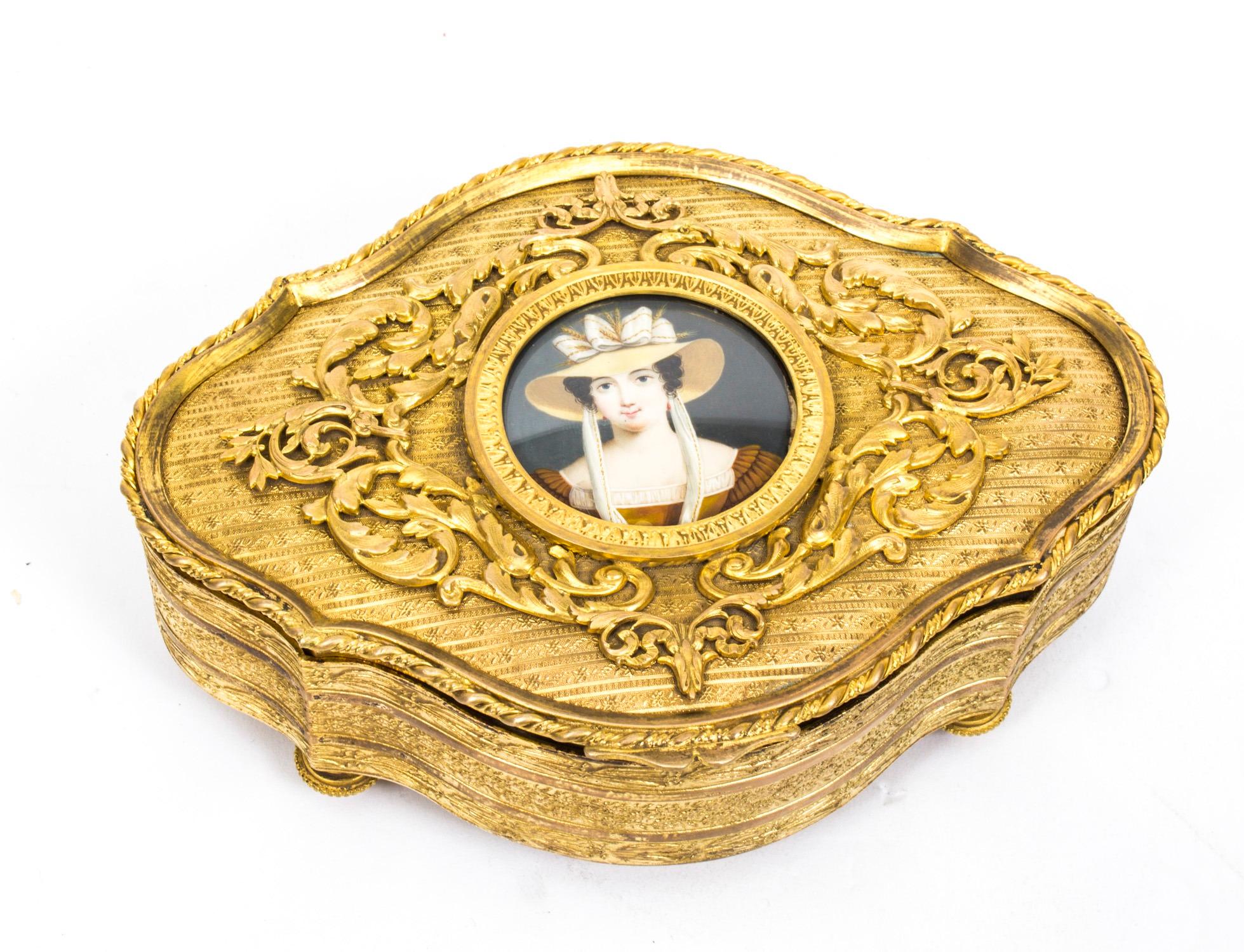 Antique Gilt Bronze Jewellery Casket & Miniature 19th Century In Good Condition For Sale In London, GB