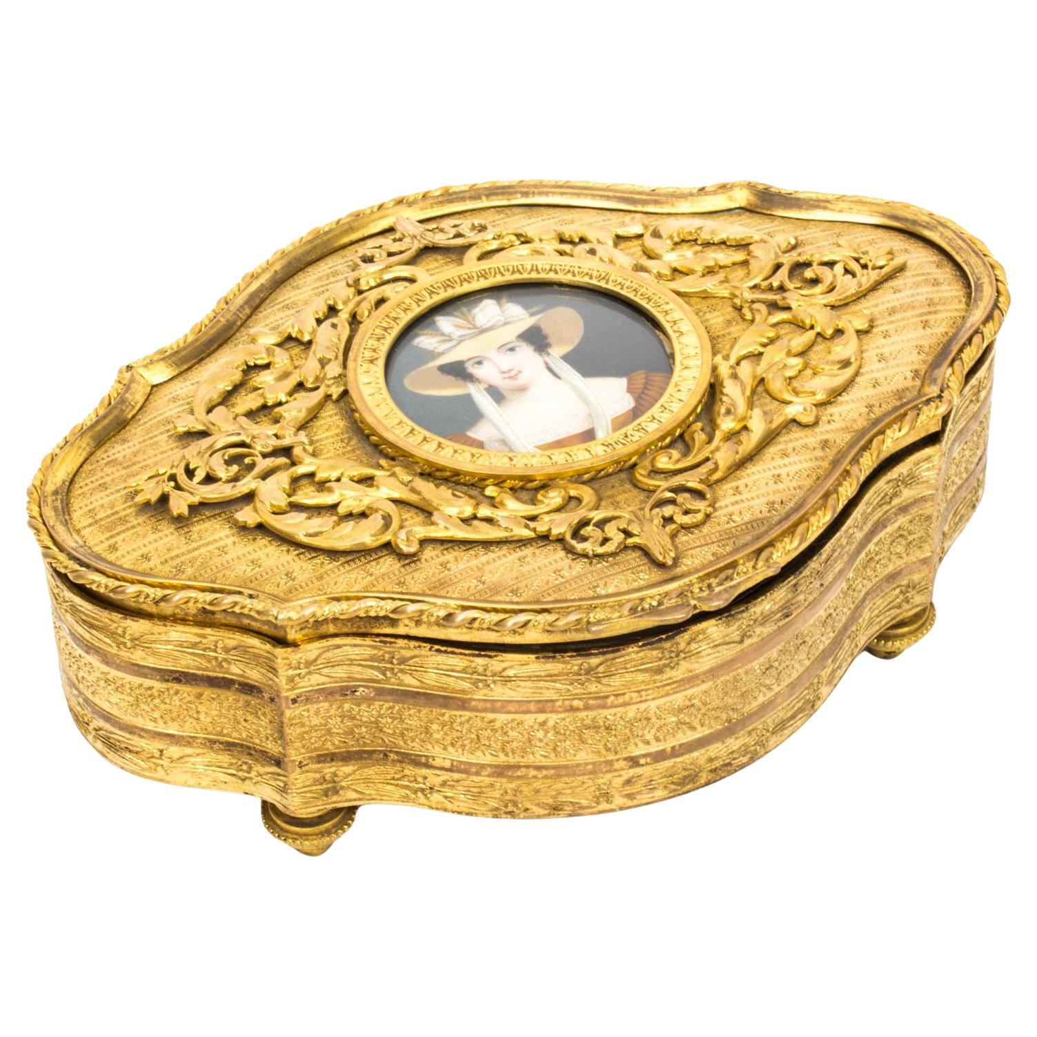 Antike vergoldete Bronze Schmuckschatulle & Miniatur 19. Jahrhundert