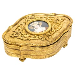Antike vergoldete Bronze Schmuckschatulle & Miniatur 19. Jahrhundert