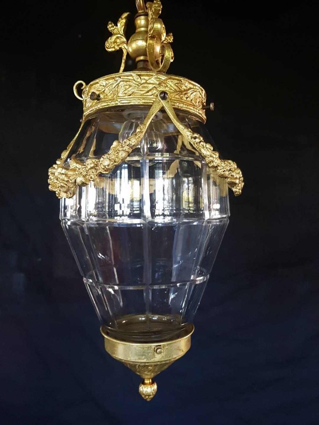 Antique Gilt Bronze Lantern with Molded Cut-Glass For Sale 6