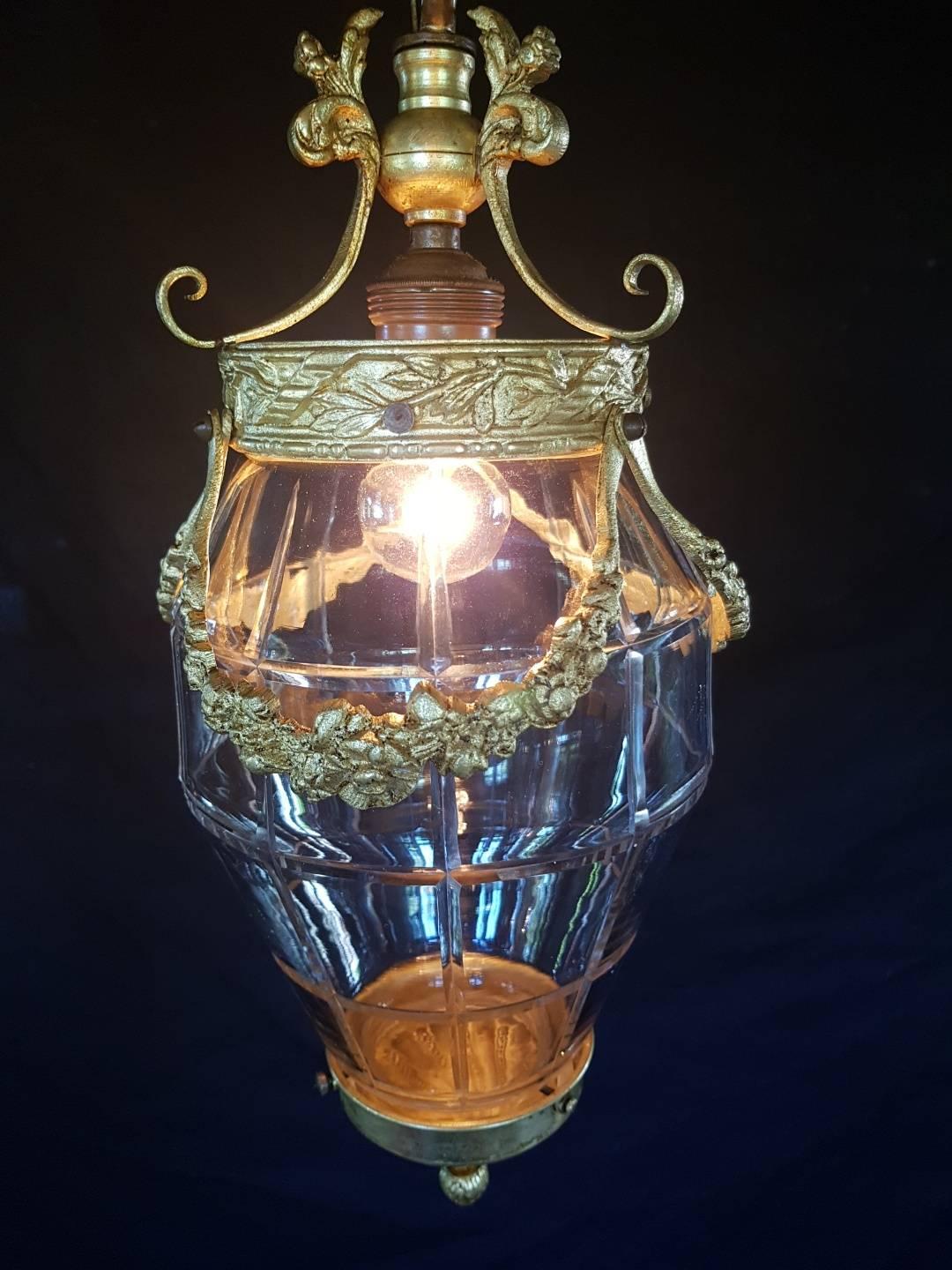 French Antique Gilt Bronze Lantern with Molded Cut-Glass For Sale