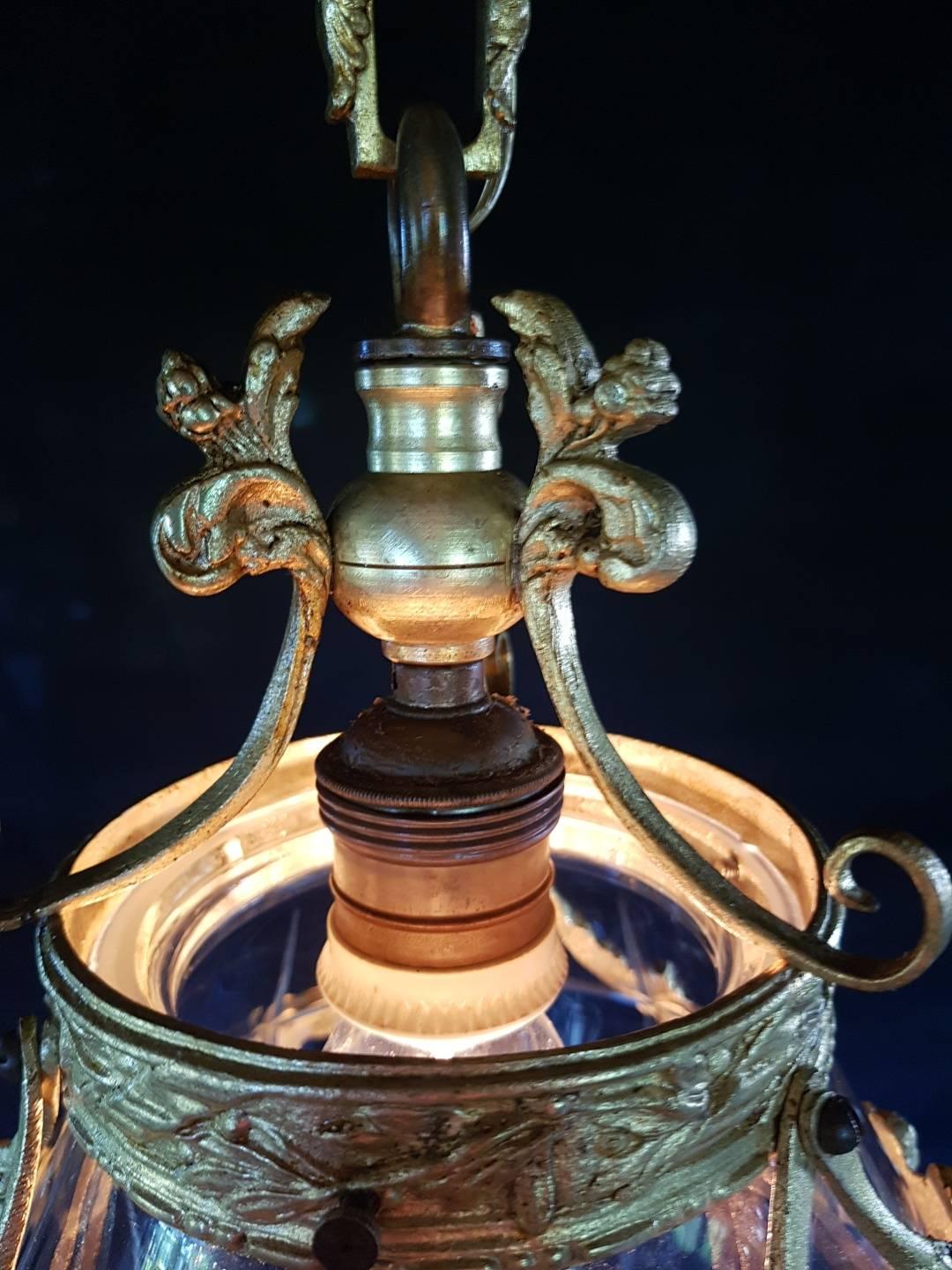 Antique Gilt Bronze Lantern with Molded Cut-Glass For Sale 1