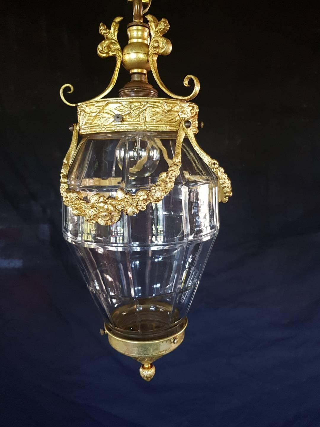 Antique Gilt Bronze Lantern with Molded Cut-Glass For Sale 4