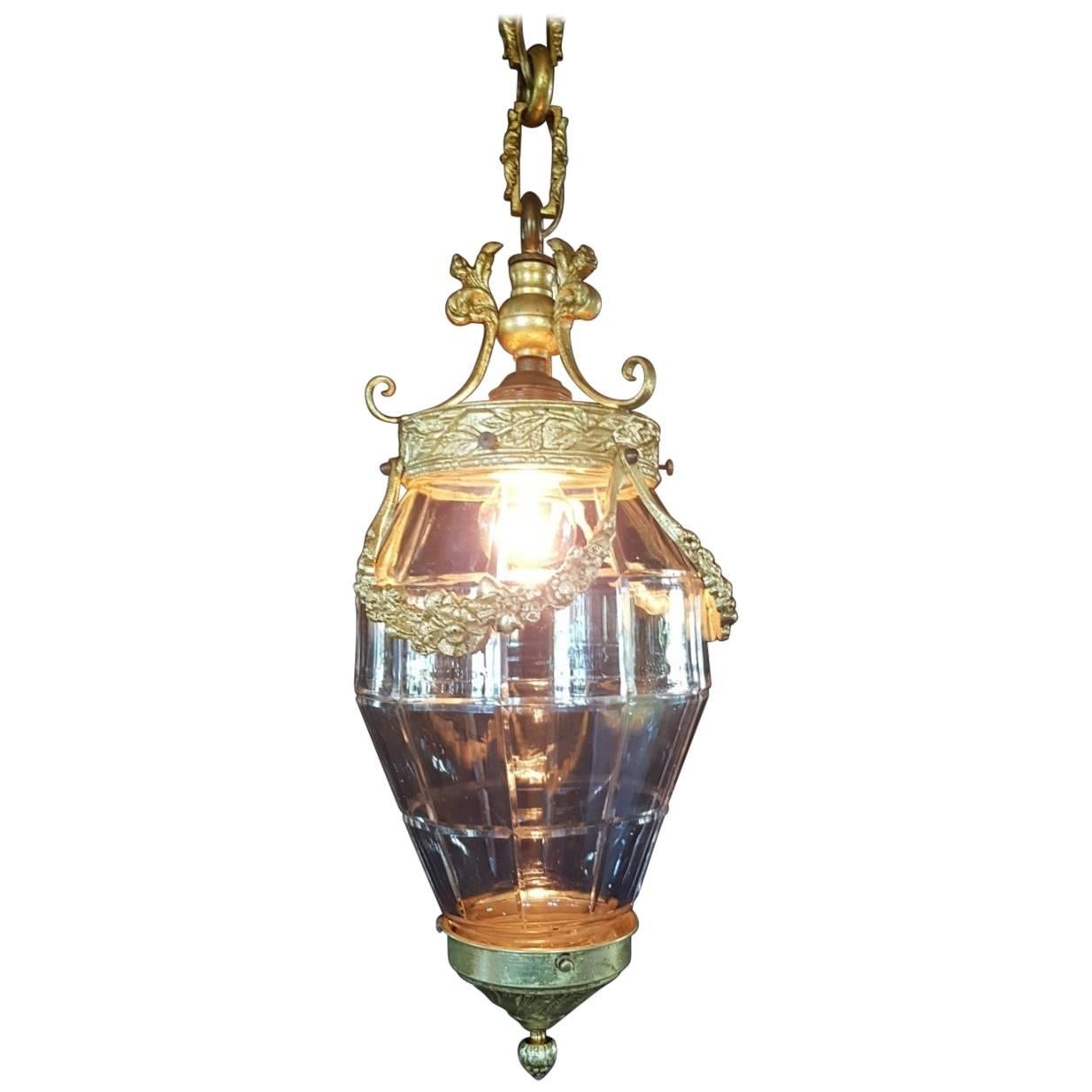 Antique Gilt Bronze Lantern with Molded Cut-Glass For Sale