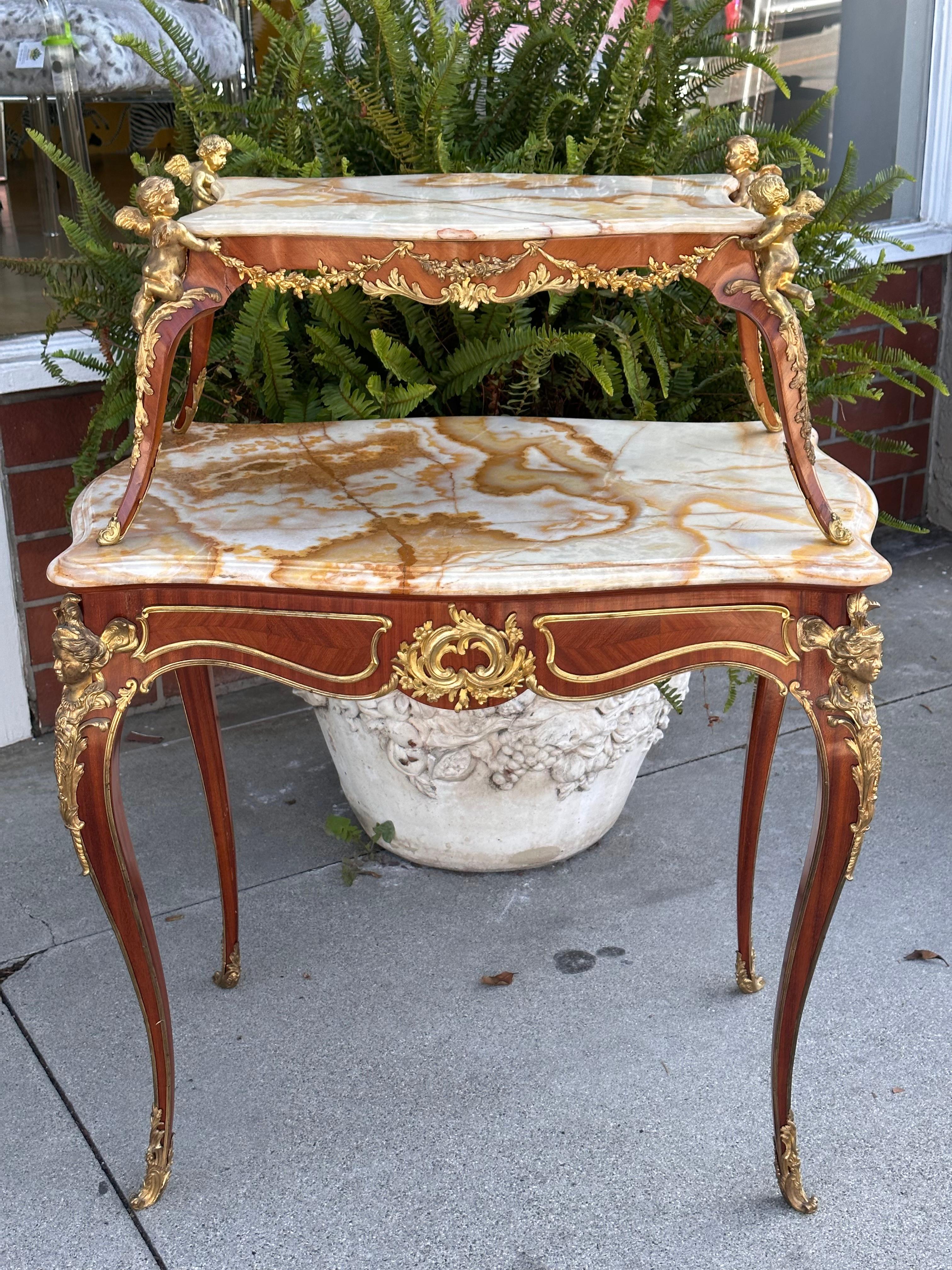 French Antique Gilt Bronze Louis XVI Two Tier Tea Table For Sale