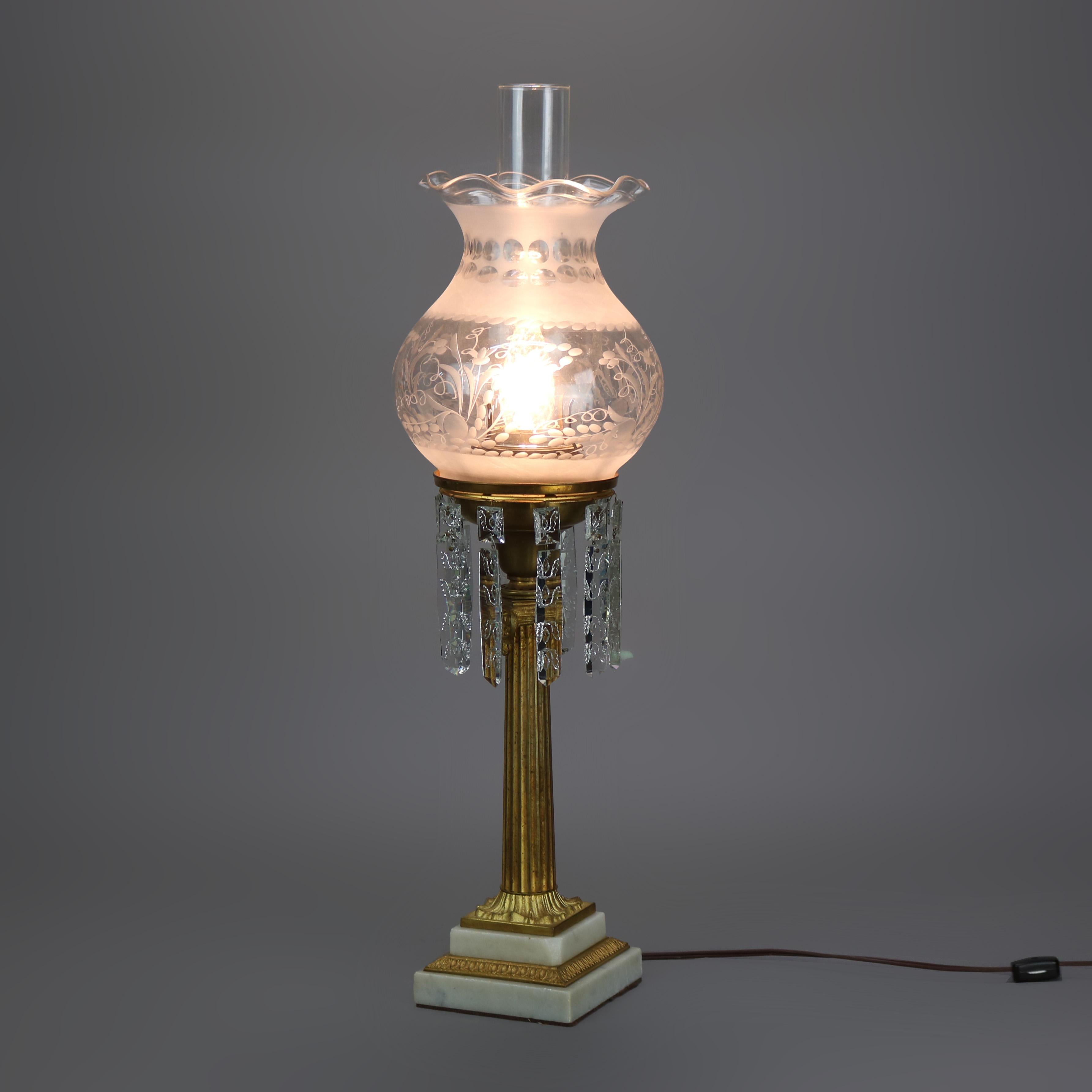 Antique Gilt Bronze, Marble and Crystal Electrified Oil Solar Lamp with Etched Glass Shade C1850

Measures- 25.75