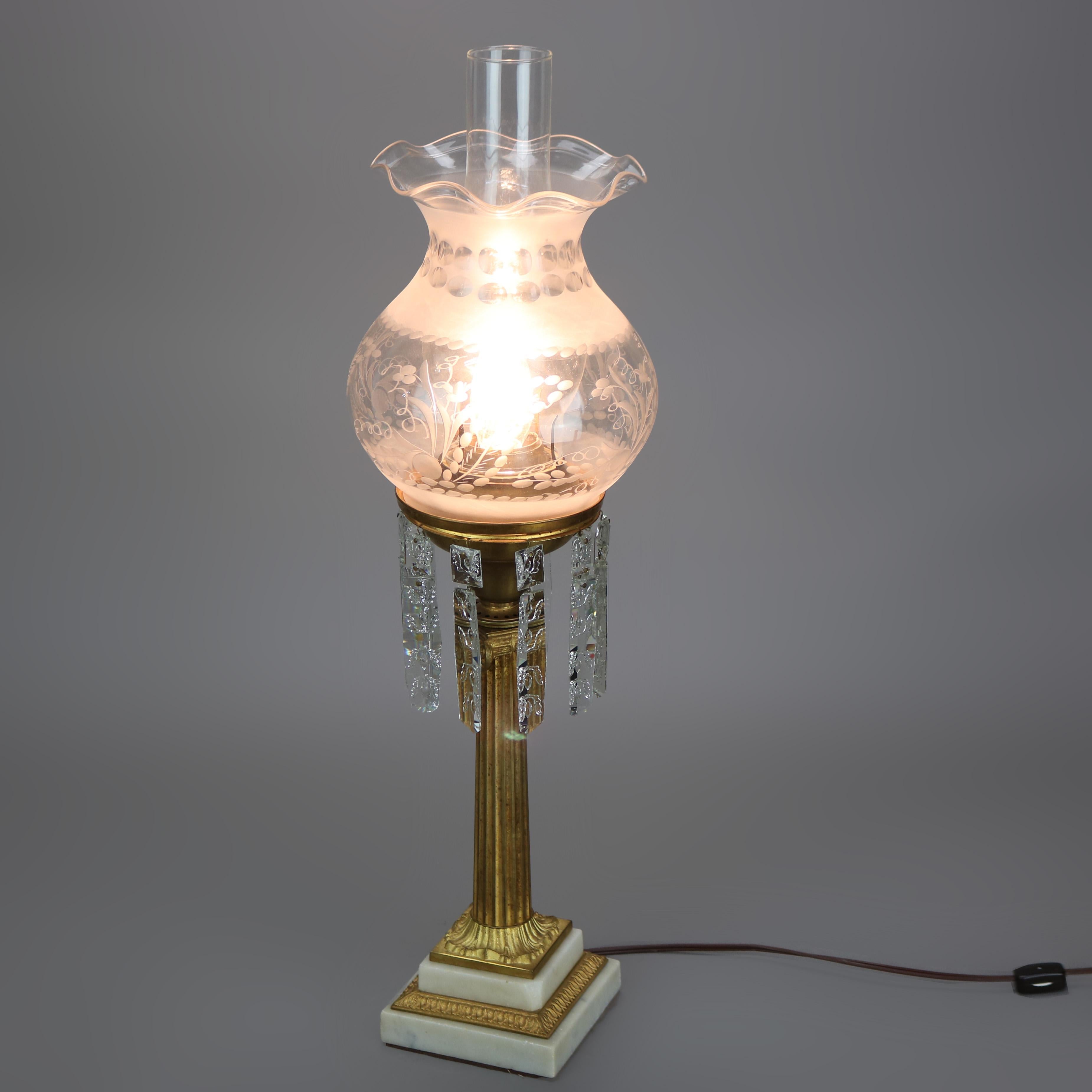 American Antique Gilt Bronze, Marble & Crystal Electrified Oil Solar Lamp C1850