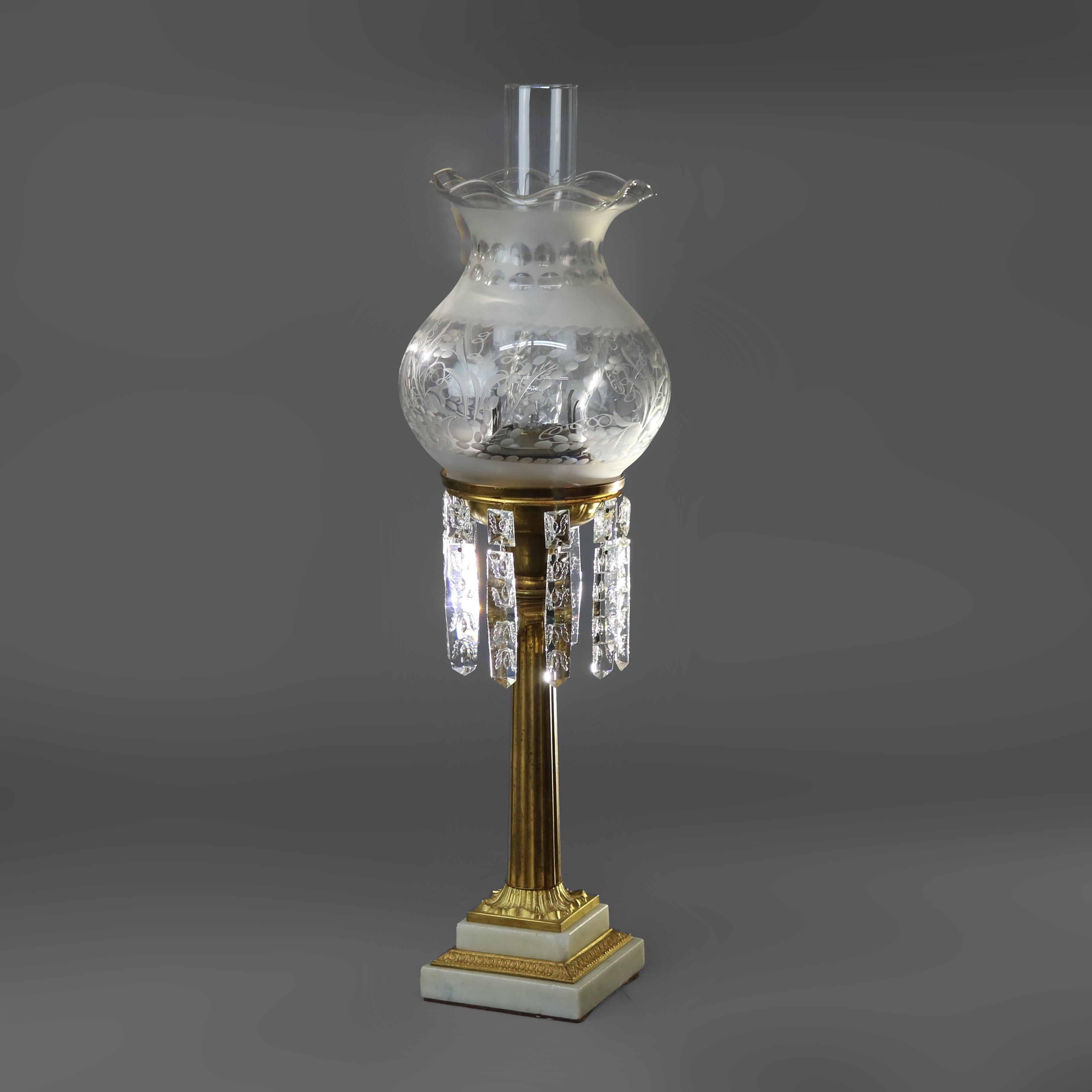 Etched Antique Gilt Bronze, Marble & Crystal Electrified Oil Solar Lamp C1850