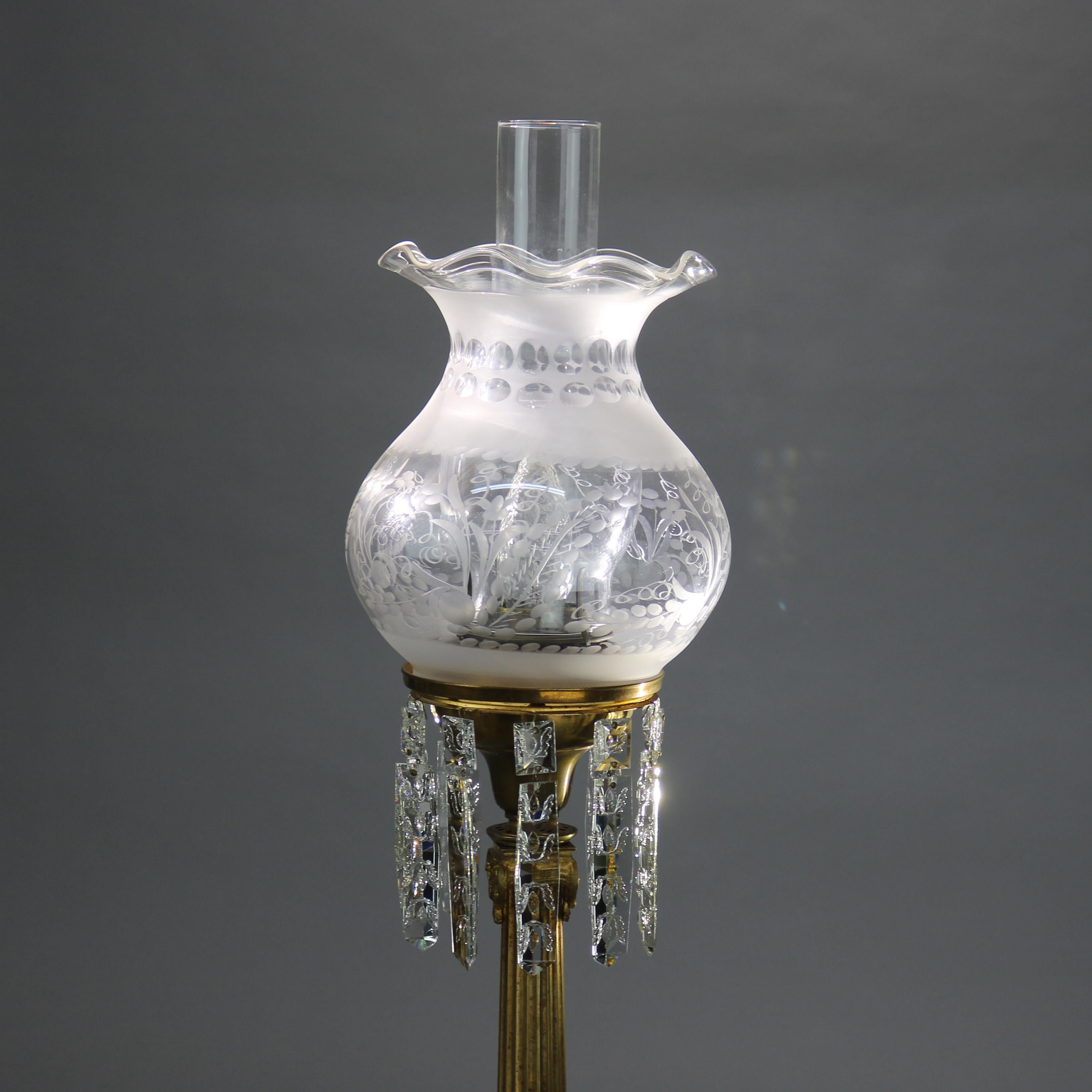 Antique Gilt Bronze, Marble & Crystal Electrified Oil Solar Lamp C1850 In Good Condition In Big Flats, NY