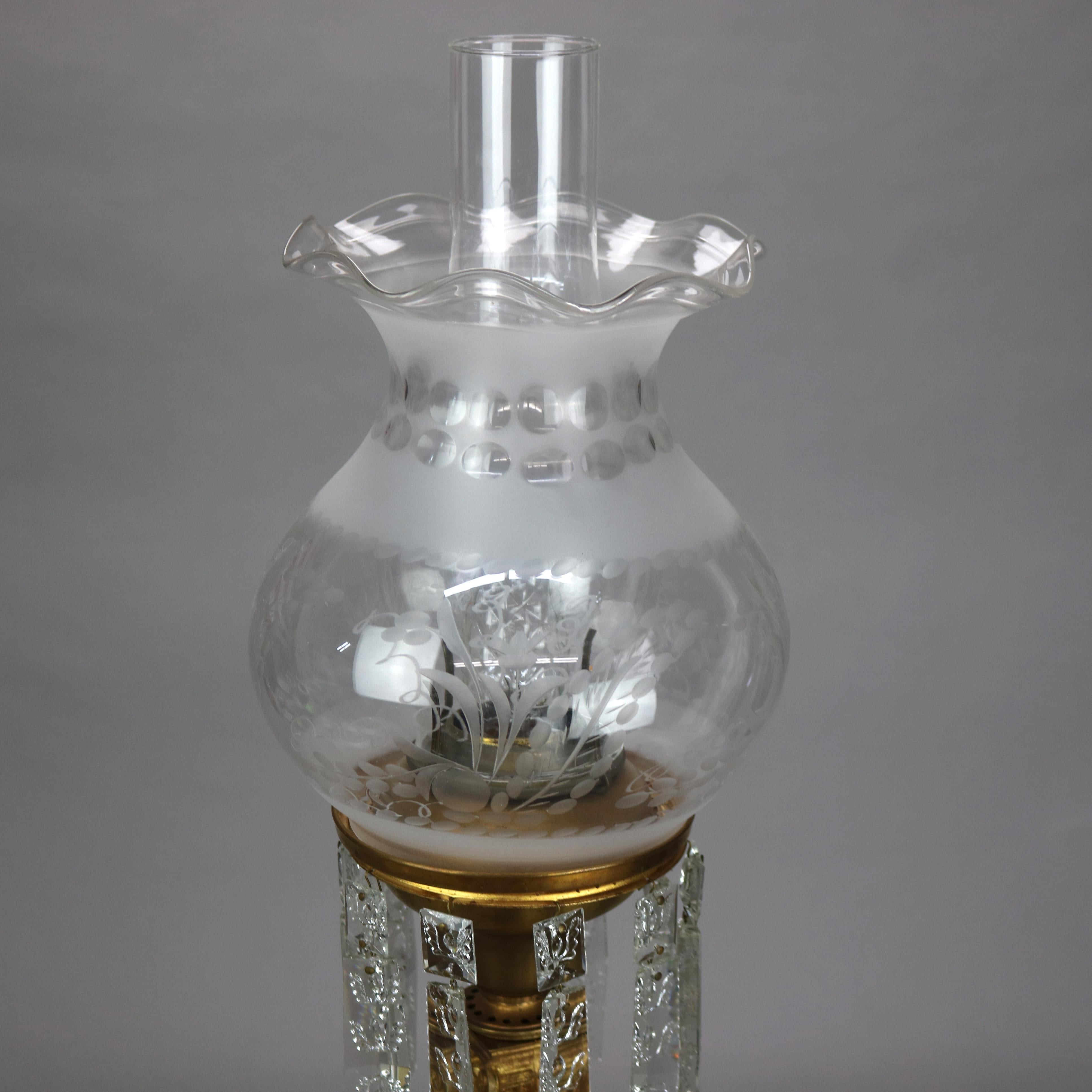 19th Century Antique Gilt Bronze, Marble & Crystal Electrified Oil Solar Lamp C1850