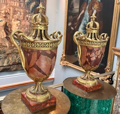 Antique Gilt Bronze Mounted Breche Marble Urns with Gilt Bronze Serpent Handles