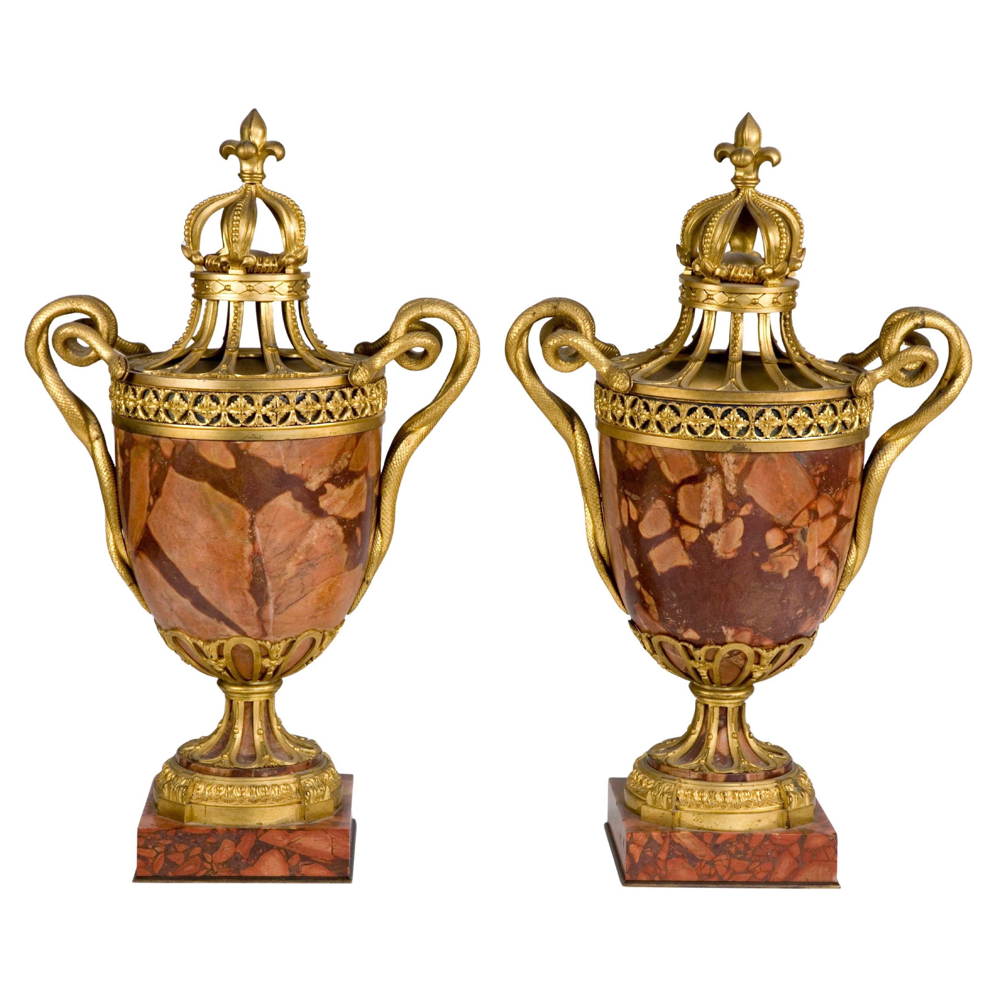 Antique Gilt Bronze Mounted Breche Marble Urns with Gilt Bronze Serpent Handles