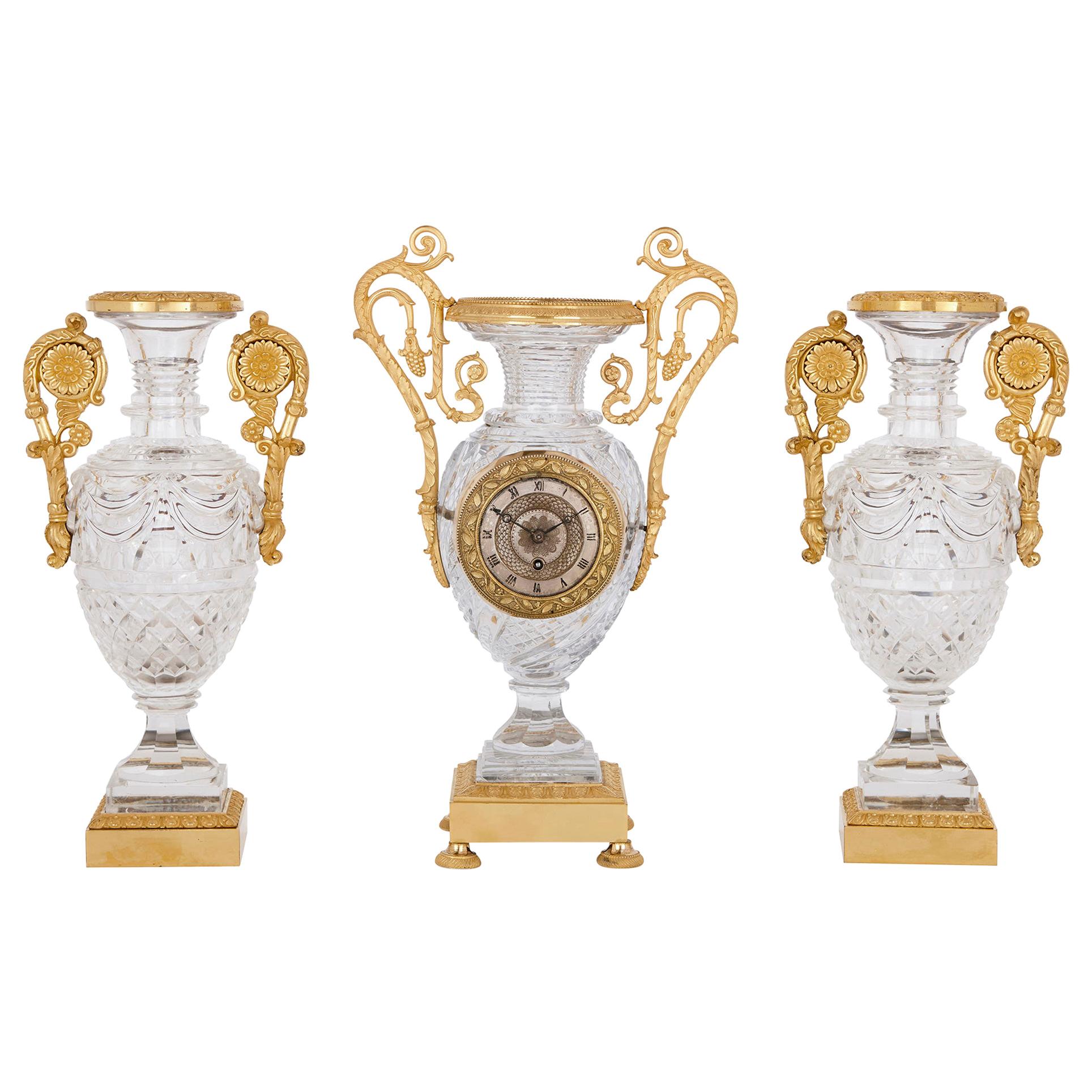 Antike vergoldete Bronze montiert geschliffenes Glas Uhr Set