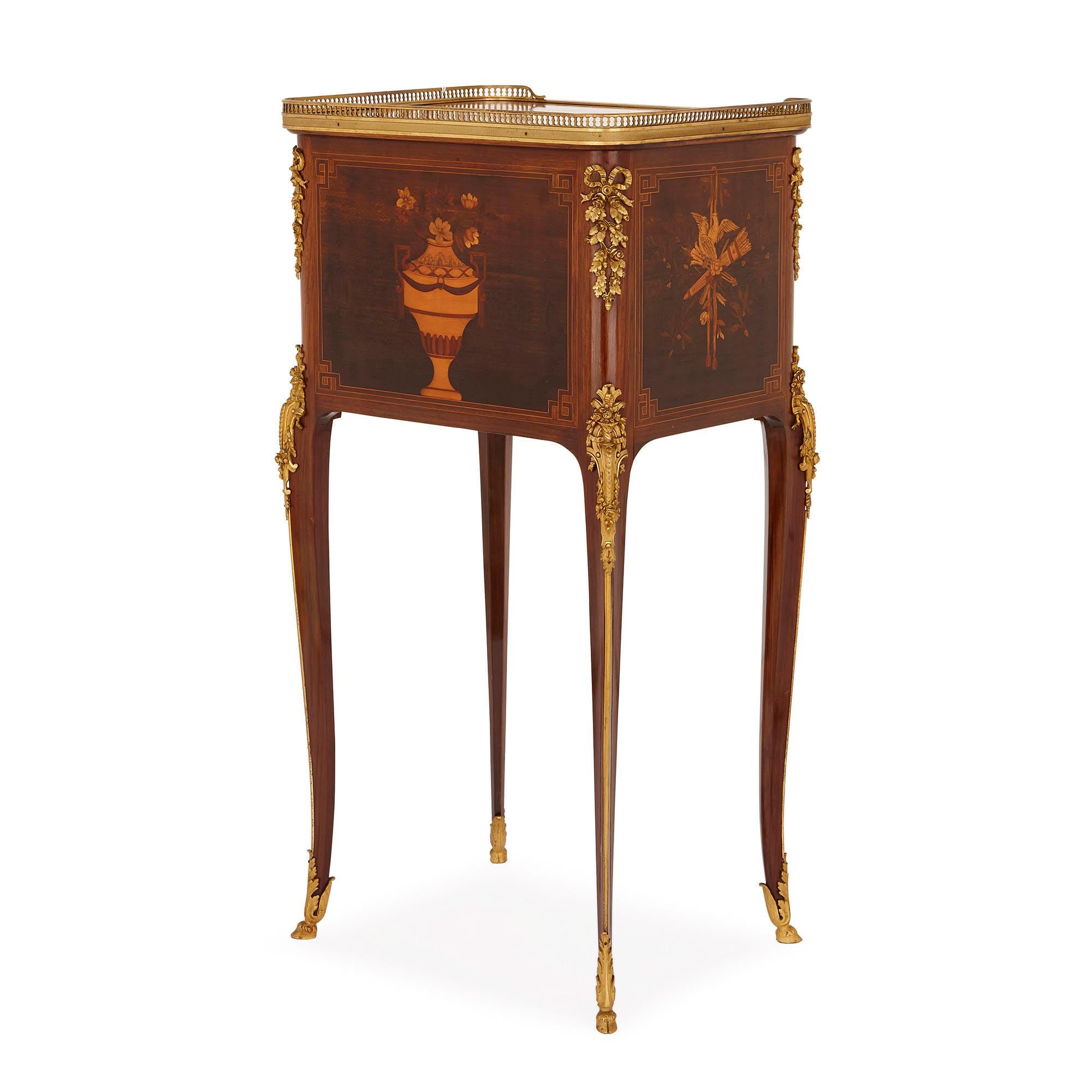 Neoclassical Antique gilt bronze mounted occasional table with marquetry panels For Sale