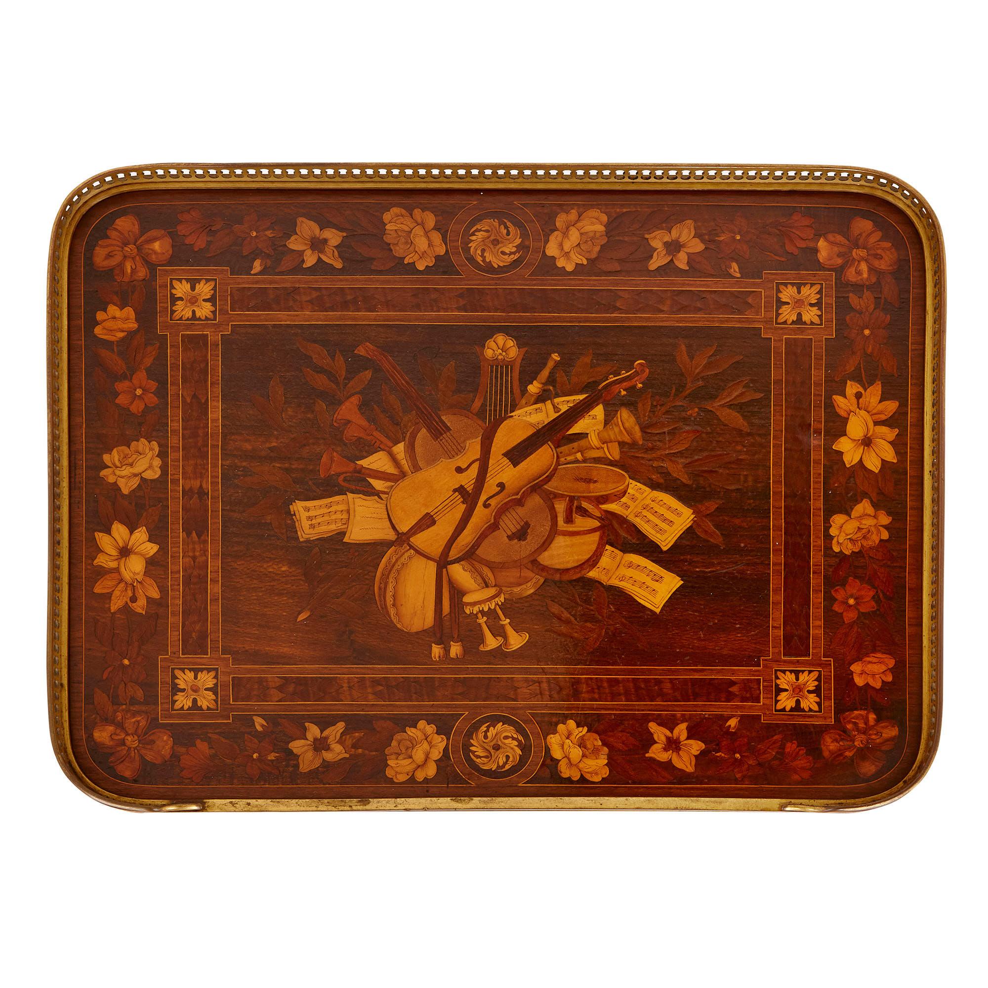 19th Century Antique gilt bronze mounted occasional table with marquetry panels For Sale