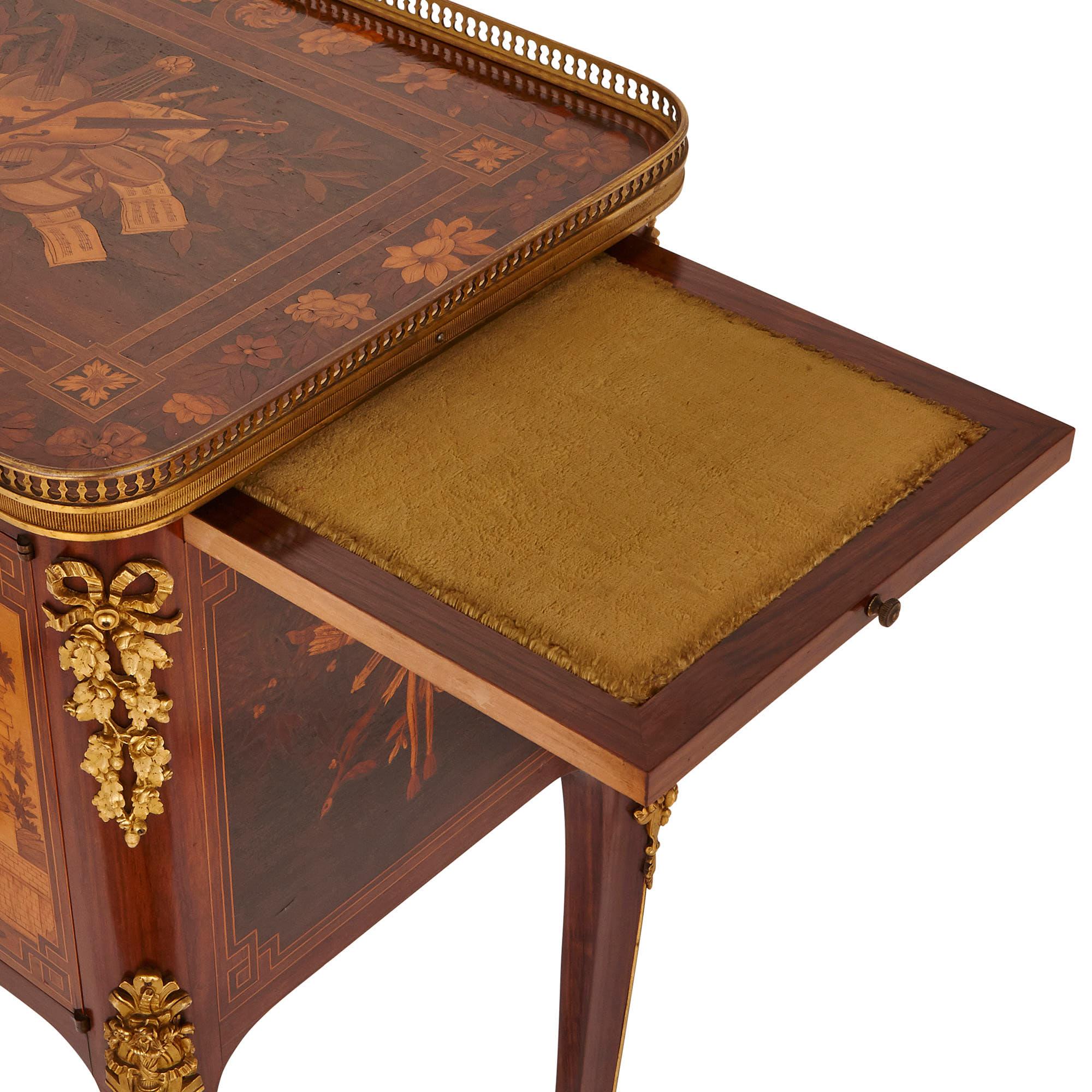Bronze Antique gilt bronze mounted occasional table with marquetry panels For Sale