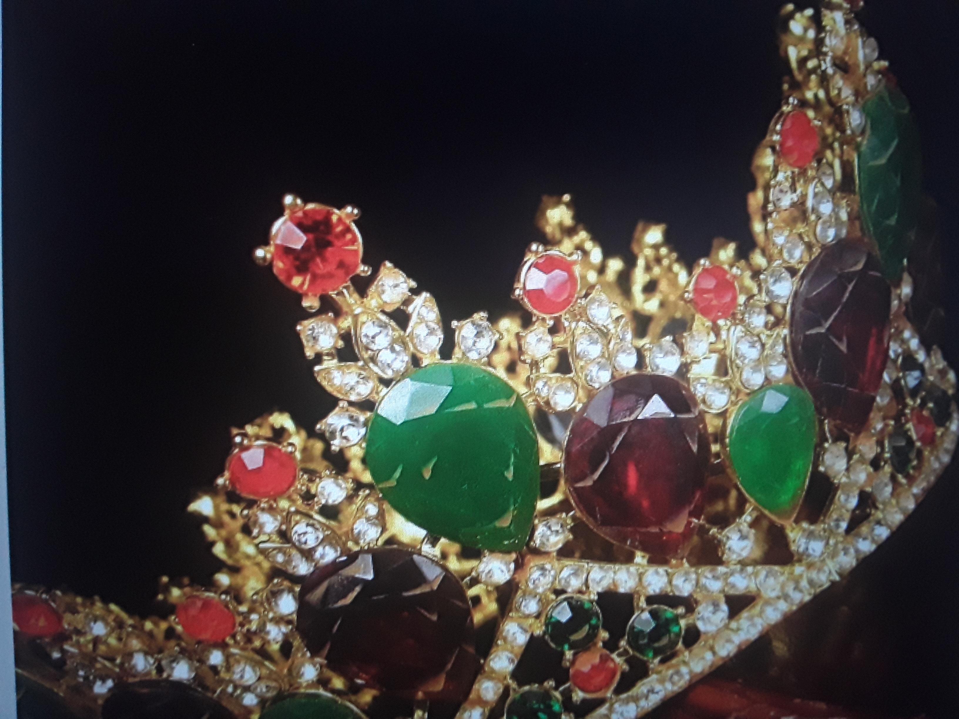 Antique Gilt Bronze with Green and Red Jewelled Royal Tiara. Jewel encrusted. British history. c1900. Very interesting piece that I had to have.
