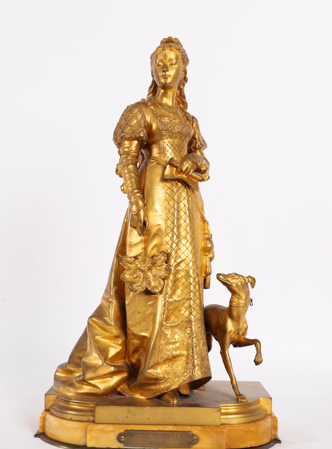 Si tratta di una superba scultura antica in bronzo dorato e mable di terra di Siena raffigurante la Regina Isabella, opera di Eutrope Bouret (1833 - 1906), datata circa 1870.

Questa scultura di eccezionale fattura ha la forma formale di una figura
