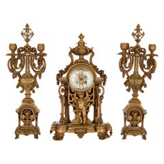 Antique Gilt Bronze Three-Piece Clock Garniture