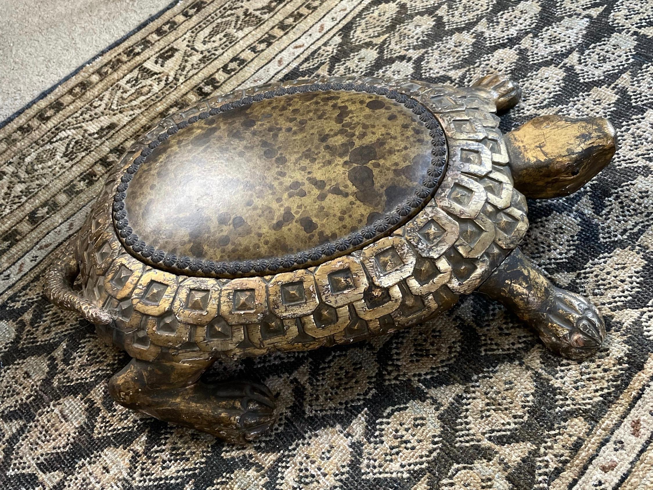 Hand-Carved Antique Gilt Carved Tortoise Foot Rest For Sale