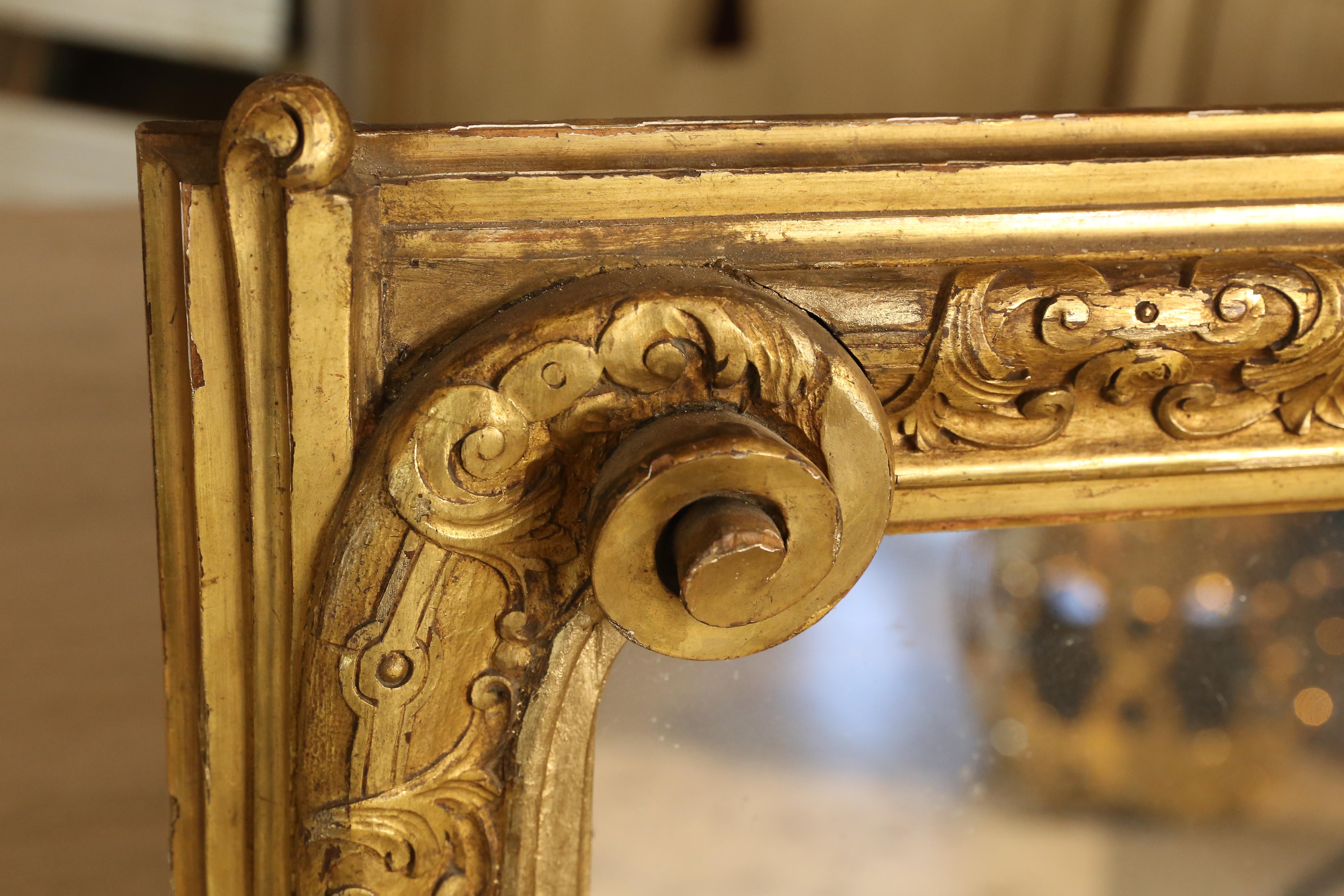 Rococo Antique Gilt Carved Wall Mirror with Scroll Details, circa 1870