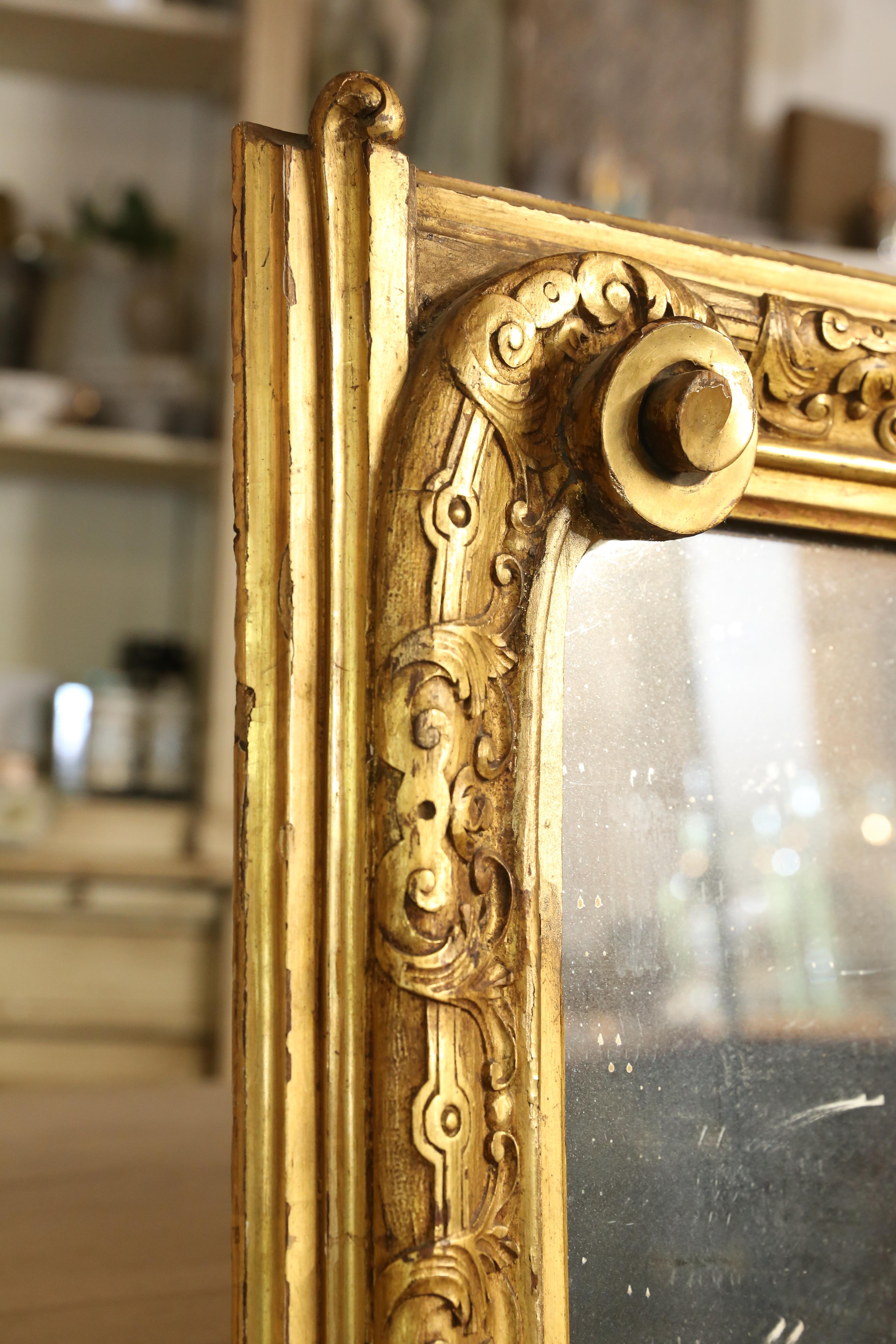 Hand-Carved Antique Gilt Carved Wall Mirror with Scroll Details, circa 1870