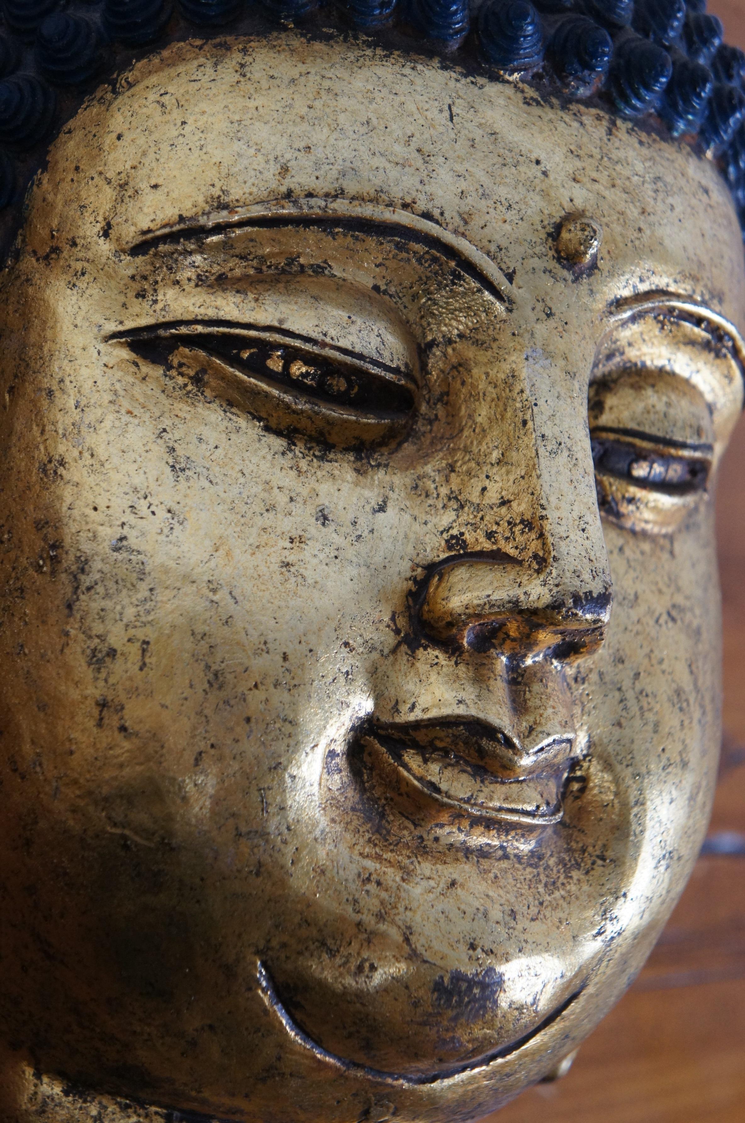 Antiguo hierro fundido dorado Mediando Buda Cabeza Busto Santuario Escultura Estatua 14 
