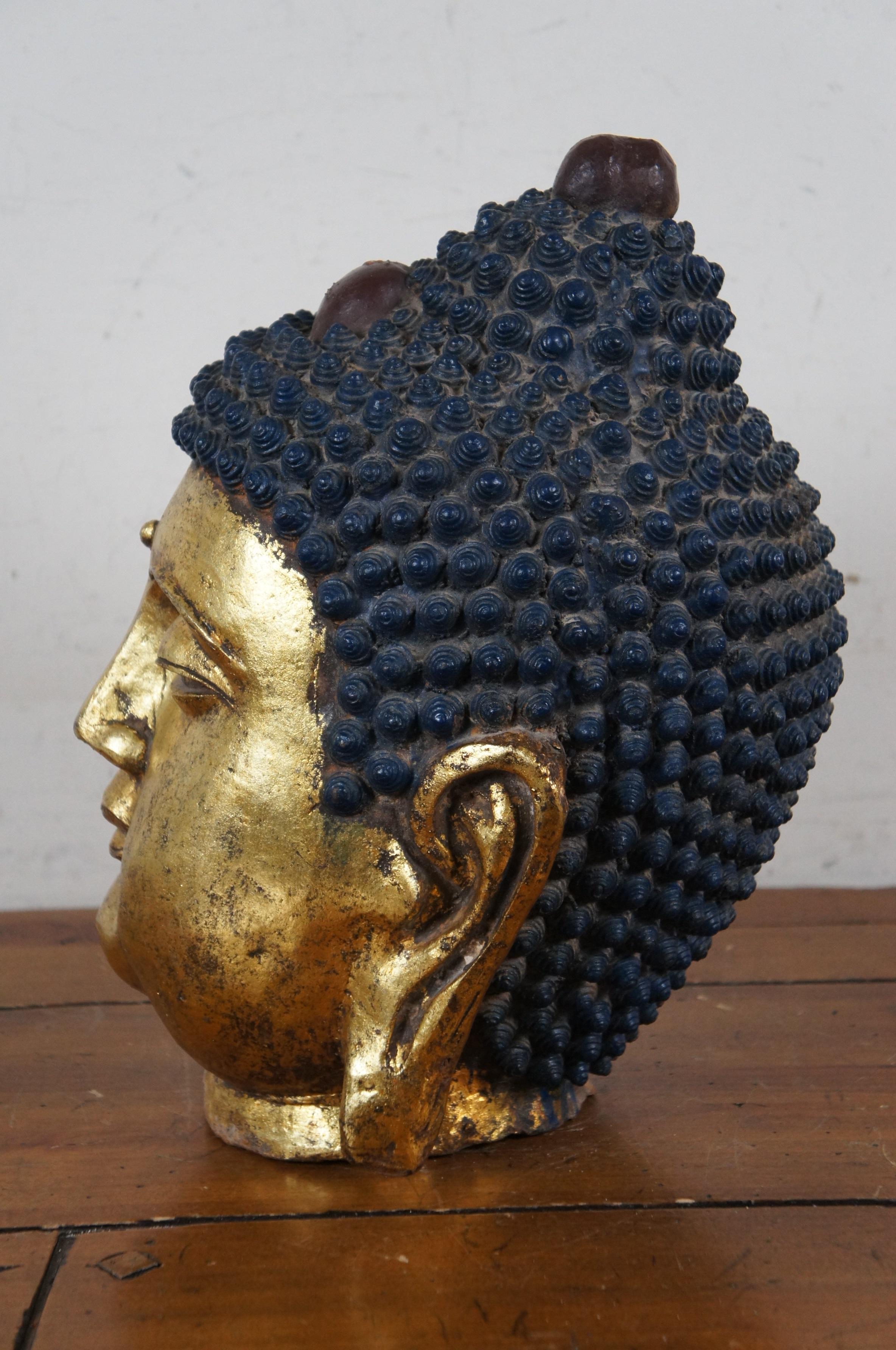 Antiguo hierro fundido dorado Mediando Buda Cabeza Busto Santuario Escultura Estatua 14 