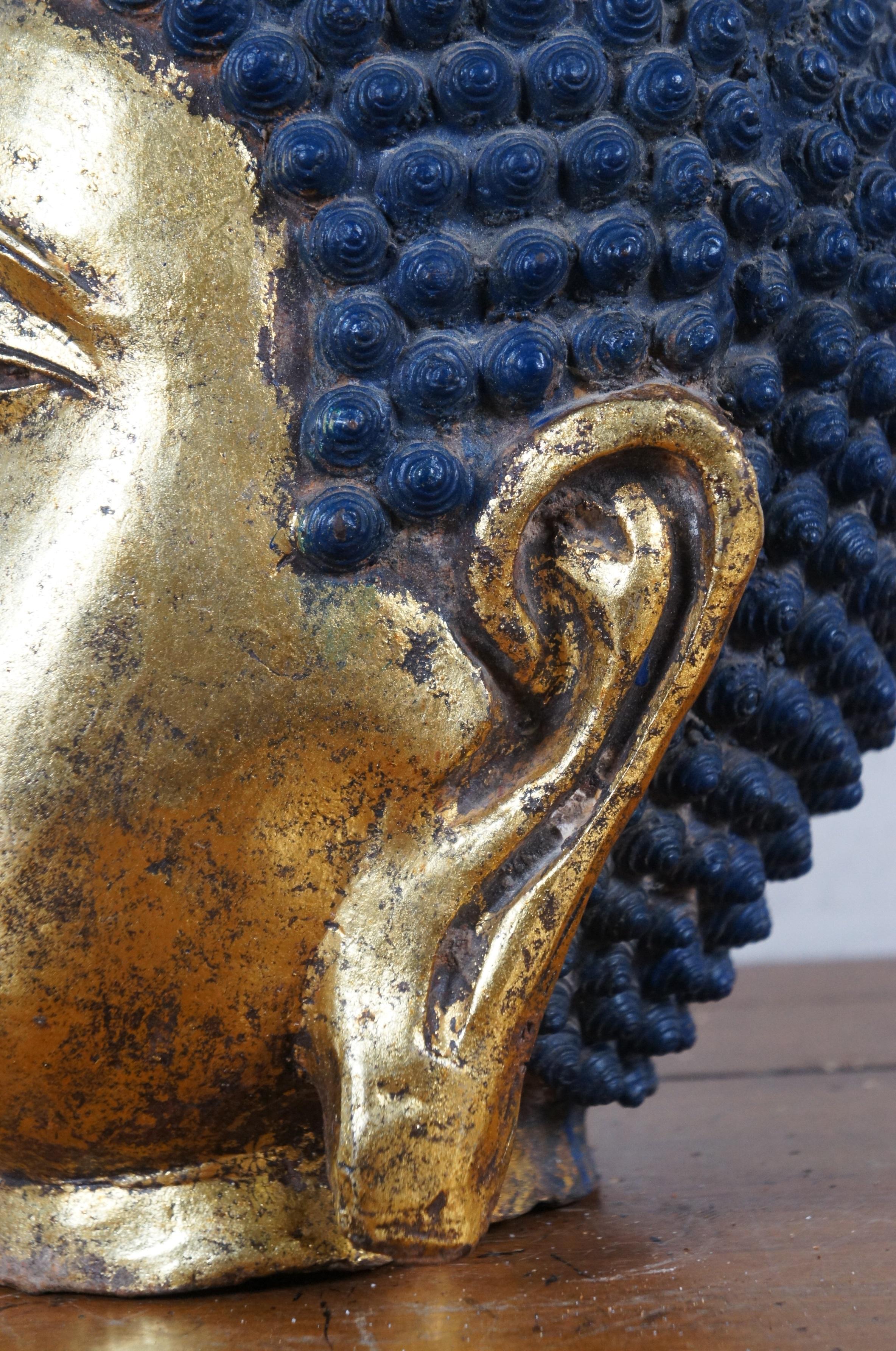 Antiguo hierro fundido dorado Mediando Buda Cabeza Busto Santuario Escultura Estatua 14 