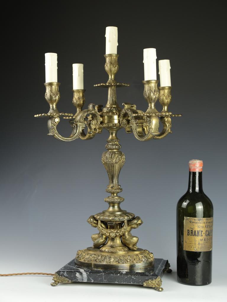 Marble Antique Gilt Cherub 5 Light Candelabra Table Lamp For Sale