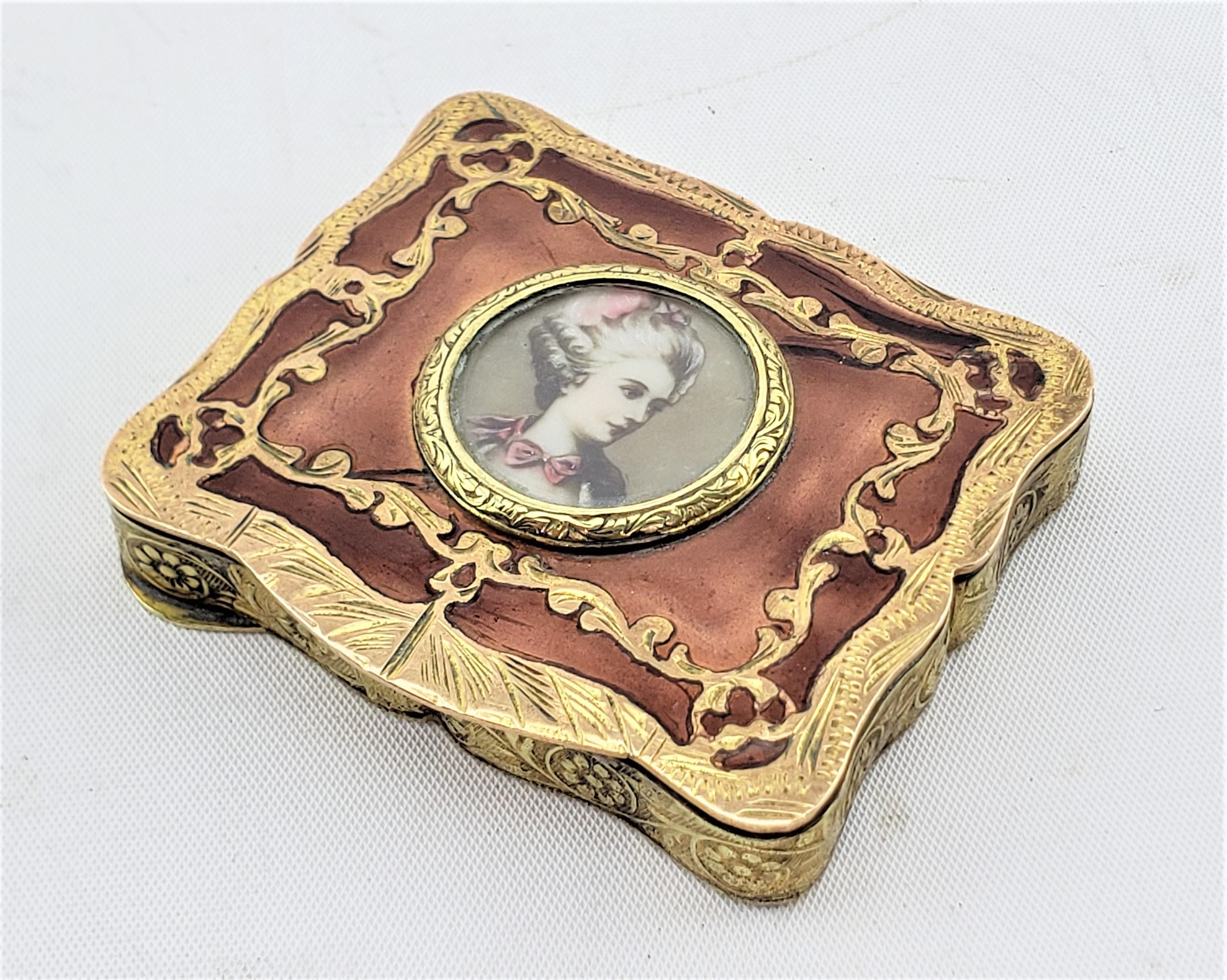 This antique miniature ladies compac is unsigned with respect to the maker, but originated from Italy and dates to approximately 1880 and done in a Renaissance Revival style. The box is composed of copper with ornate engraving on all sides and the